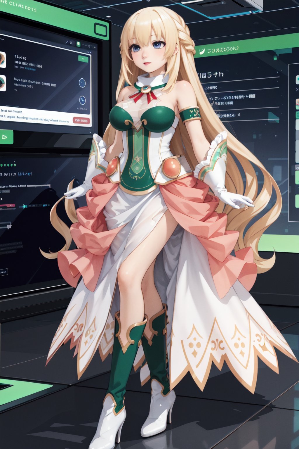 best quality, highly detailed, full body, <lora:Vert_NepSer_SD15_15_0:1.0>, VertNormal, VertDress, blonde hair, very long hair, (cyberspace:1.2), (website:0.8), UI, user interface, futuristic, sleek design, status screen