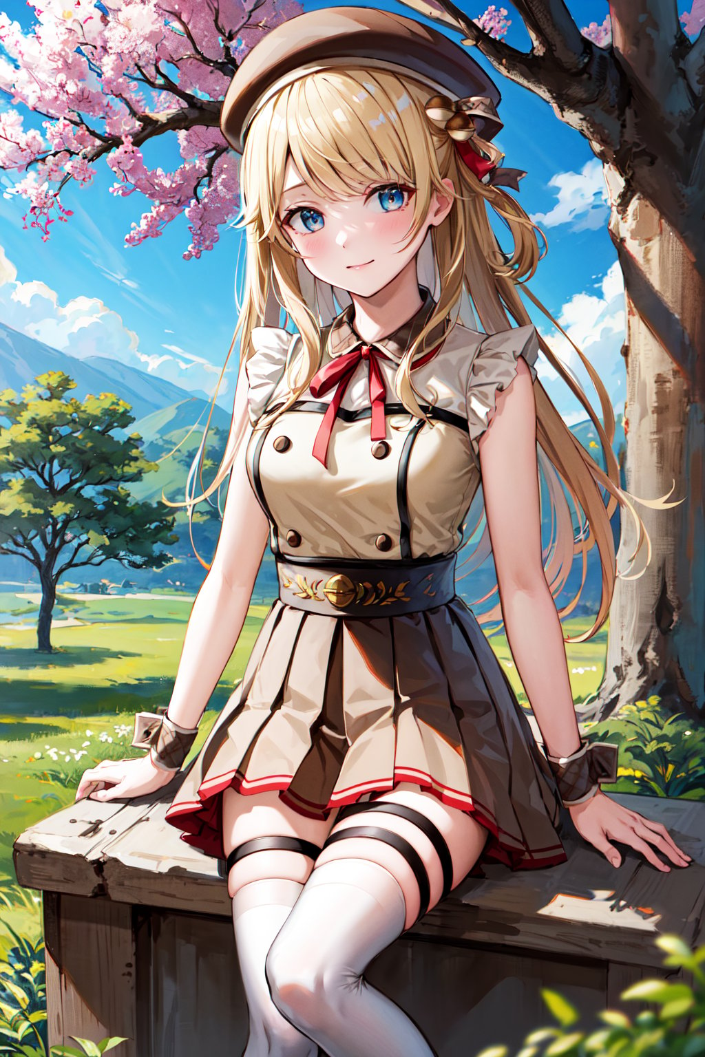 masterpiece, best quality, highres, aastella, long hair, hat, beret, hair ornament, medium breasts, neck ribbon, red ribbon, brown dress, pleated dress, sleeveless, wrist cuffs, brown skirt, thigh strap, white thighhighs, <lora:suzuka_stella_v1:0.7>, sitting, tree stump, 