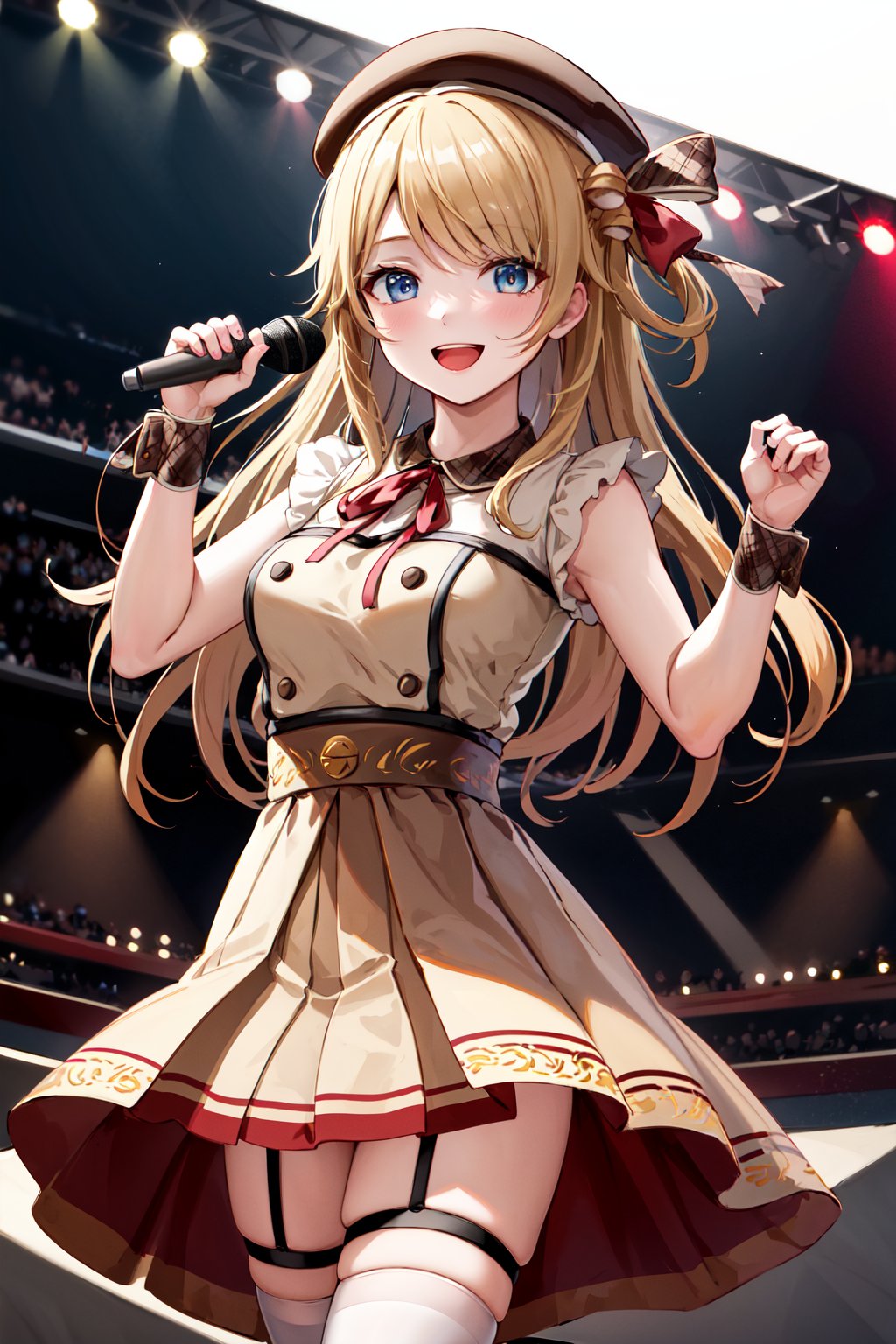 masterpiece, best quality, highres, aastella, long hair, hat, beret, hair ornament, medium breasts, neck ribbon, red ribbon, brown dress, pleated dress, sleeveless, wrist cuffs, brown skirt, thigh strap, white thighhighs, <lora:suzuka_stella_v1:0.7>, standing, cowboy shot, holding microphone, open mouth, smile, stage