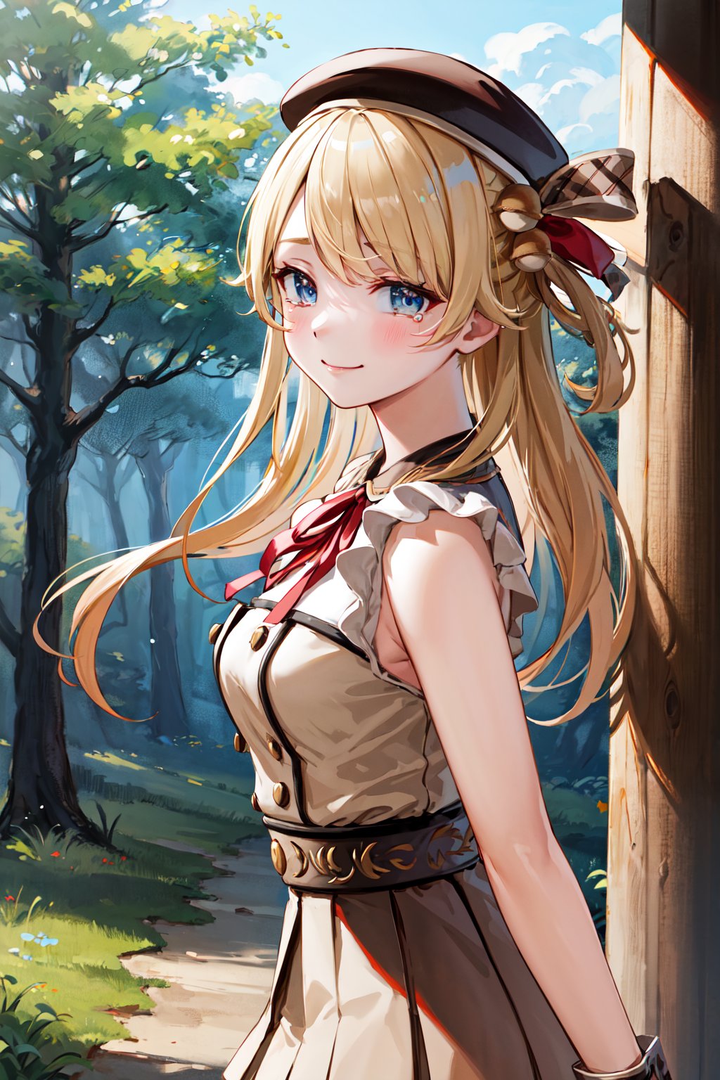 masterpiece, best quality, highres, aastella, long hair, hat, beret, hair ornament, medium breasts, neck ribbon, red ribbon, brown dress, pleated dress, sleeveless, wrist cuffs, brown skirt, thigh strap, white thighhighs, <lora:suzuka_stella_v1:0.7>, forest, from side, tears, smile, closed mouth, (upper body:1.2), arms at sides, v arms, 