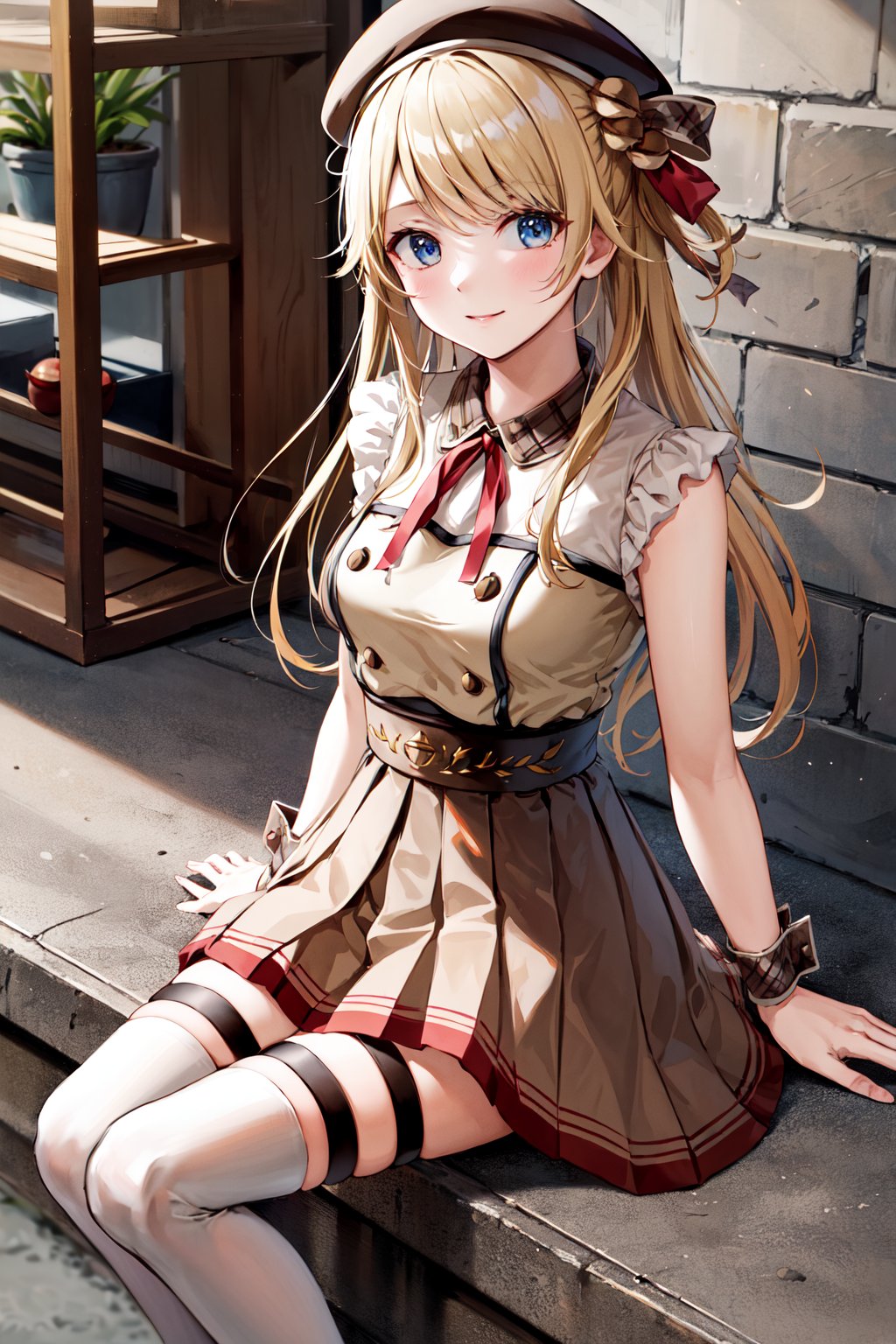 masterpiece, best quality, highres, aastella, long hair, hat, beret, hair ornament, medium breasts, neck ribbon, red ribbon, brown dress, pleated dress, sleeveless, wrist cuffs, brown skirt, thigh strap, white thighhighs, <lora:suzuka_stella_v1:0.7>, sitting, 