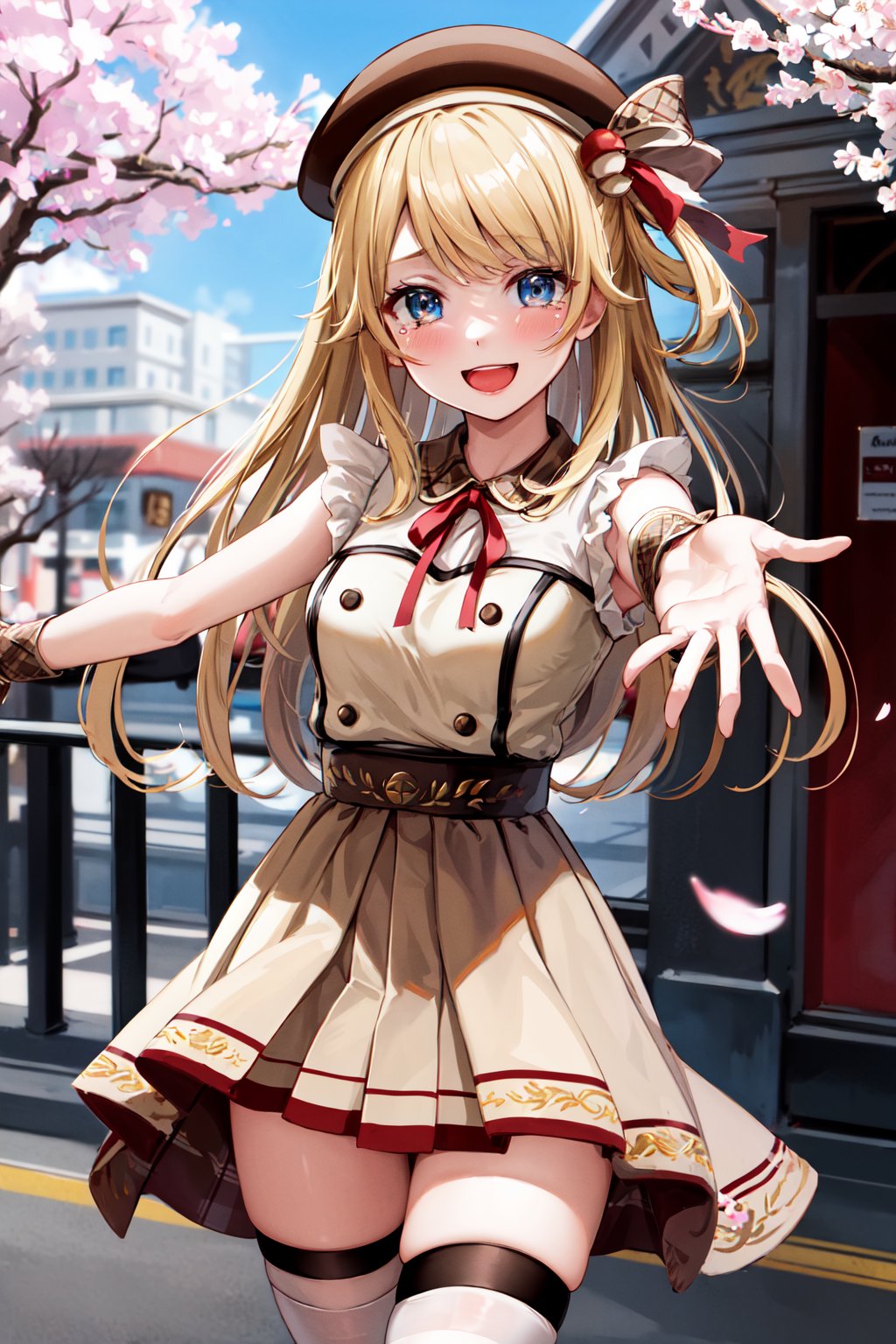 masterpiece, best quality, highres, aastella, long hair, hat, beret, hair ornament, medium breasts, neck ribbon, red ribbon, brown dress, pleated dress, sleeveless, wrist cuffs, brown skirt, thigh strap, white thighhighs, <lora:suzuka_stella_v1:0.7>, standing, cowboy shot, cherry blossoms, reaching out, smile, tears, open mouth, 