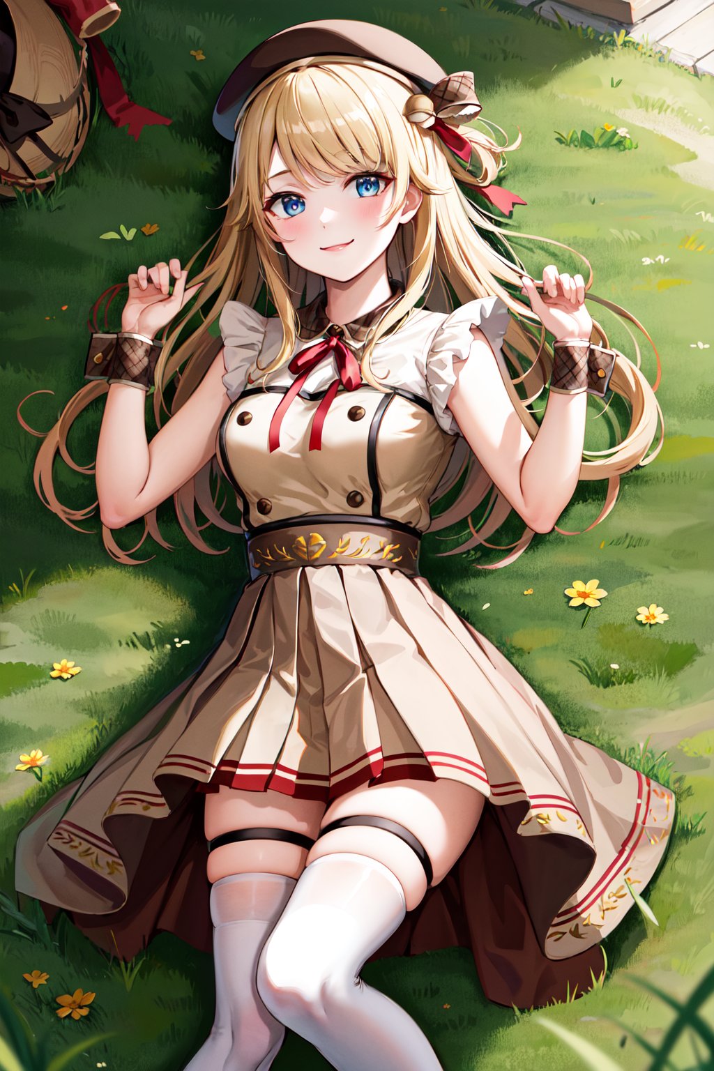 masterpiece, best quality, highres, aastella, long hair, hat, beret, hair ornament, medium breasts, neck ribbon, red ribbon, brown dress, pleated dress, sleeveless, wrist cuffs, brown skirt, thigh strap, white thighhighs, <lora:suzuka_stella_v1:0.7>, lying, grass, smile, from above, 