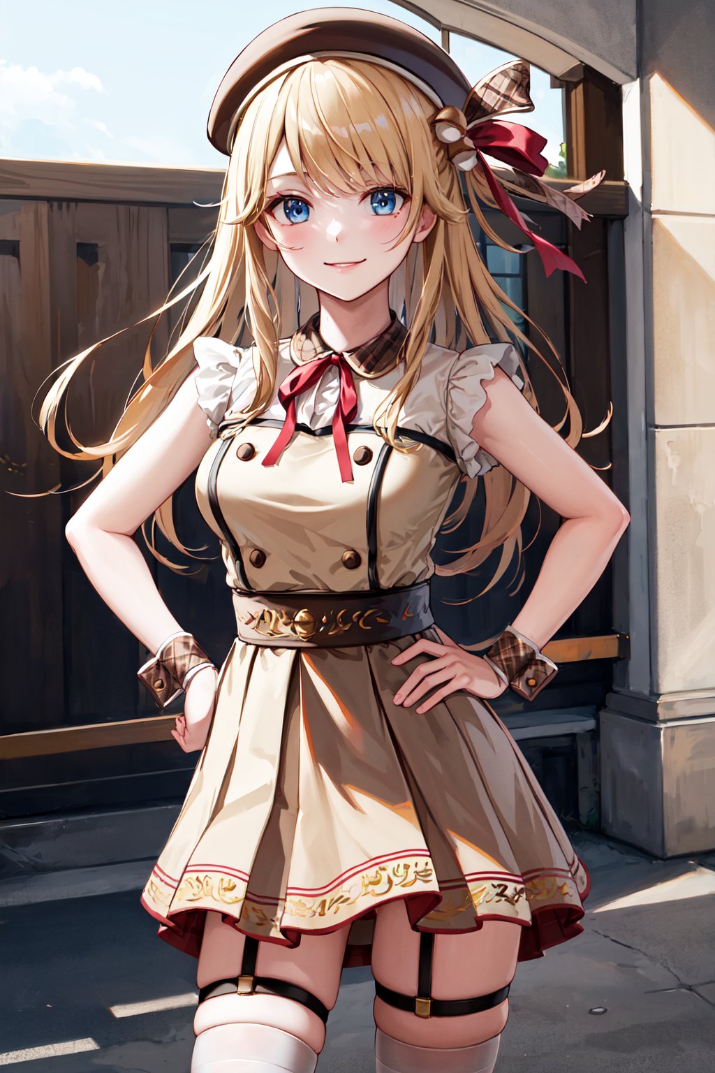 masterpiece, best quality, highres, aastella, long hair, hat, beret, hair ornament, medium breasts, neck ribbon, red ribbon, brown dress, pleated dress, sleeveless, wrist cuffs, brown skirt, thigh strap, white thighhighs, <lora:suzuka_stella_v1:0.7>, cowboy shot, standing, hand on hip, smile