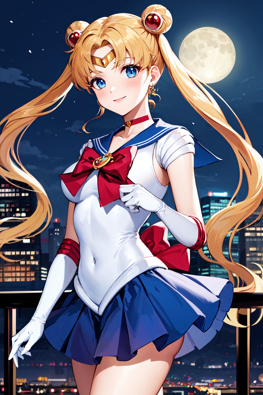 masterpiece, best quality, highres, 1girl, aausagi, double bun, twintails, parted bangs, circlet, jewelry, earrings, choker, red bow, white gloves, elbow gloves, blue skirt, <lora:sailor_moon_v1:0.7>, standing, cowboy shot, night, outdoors, moon, smile, city,