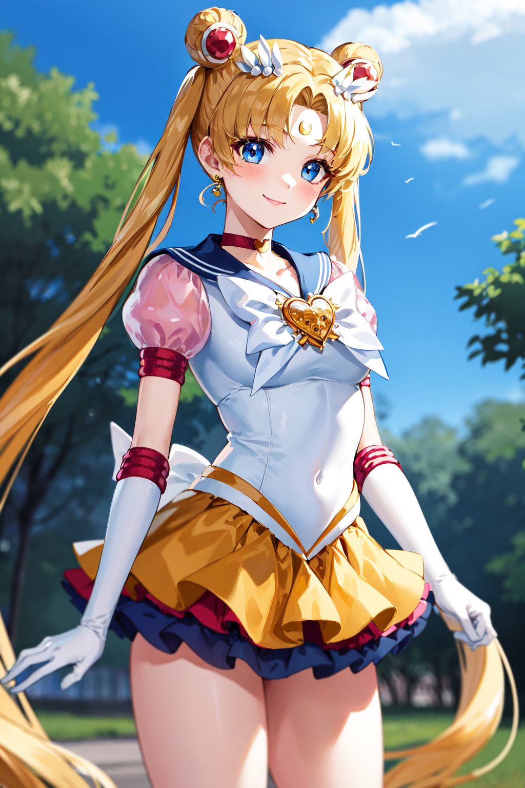 masterpiece, best quality, highres, 1girl, aausagi, double bun, twintails, parted bangs, hair ornament, crescent facial mark, jewelry, earrings, choker, puffy short sleeves, pink sleeves, heart brooch, white gloves, elbow gloves, layered skirt, <lora:sailor_moon_v1:0.7>, standing, cowboy shot, outdoors, smile,