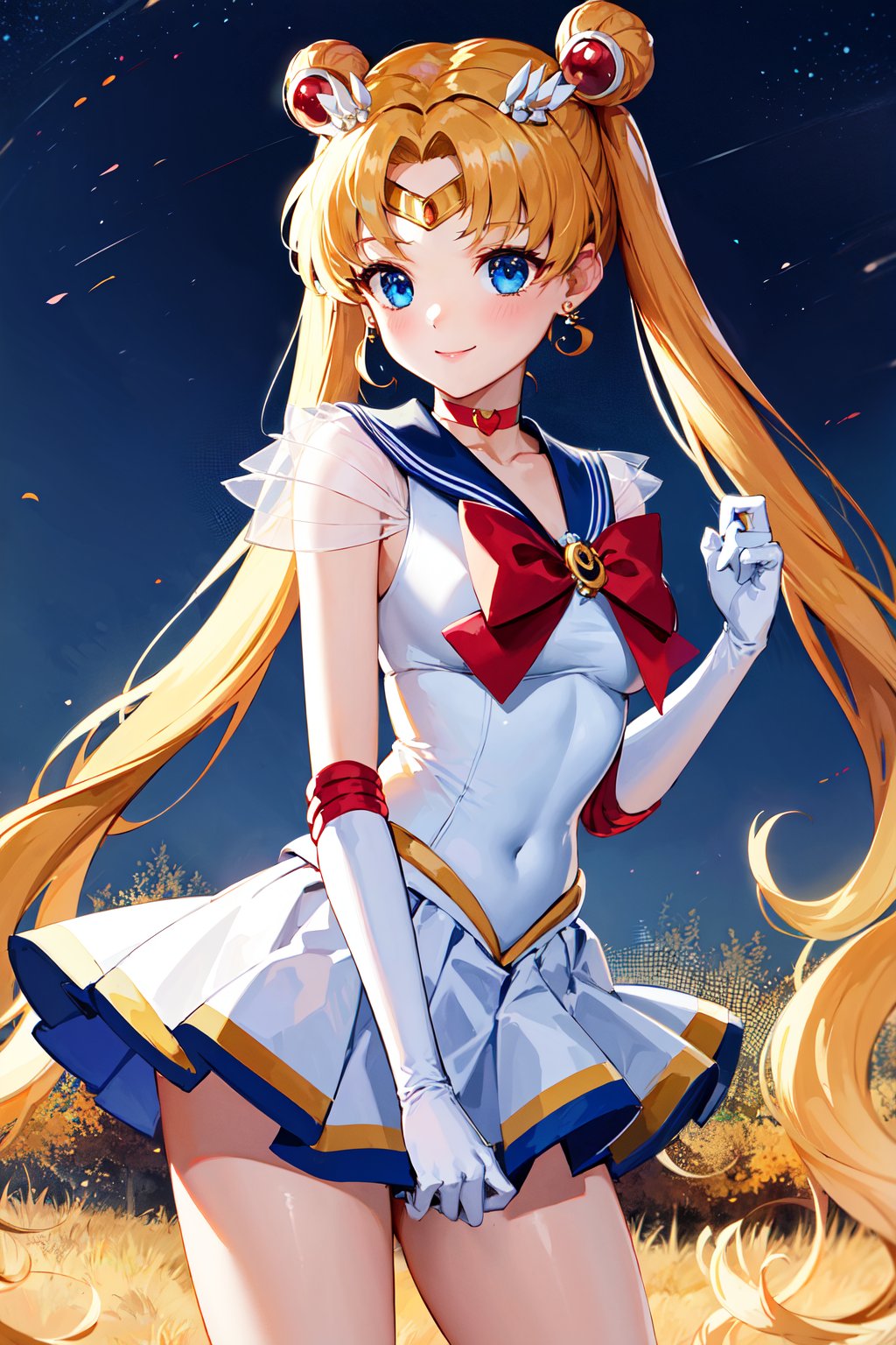 masterpiece, best quality, highres, 1girl, aausagi, double bun, twintails, parted bangs, hair ornament, circlet, jewelry, earrings, choker, see-through, red bow, white gloves, elbow gloves, multicolored skirt, <lora:sailor_moon_v1:0.7>, standing, night, smile, cowboy shot