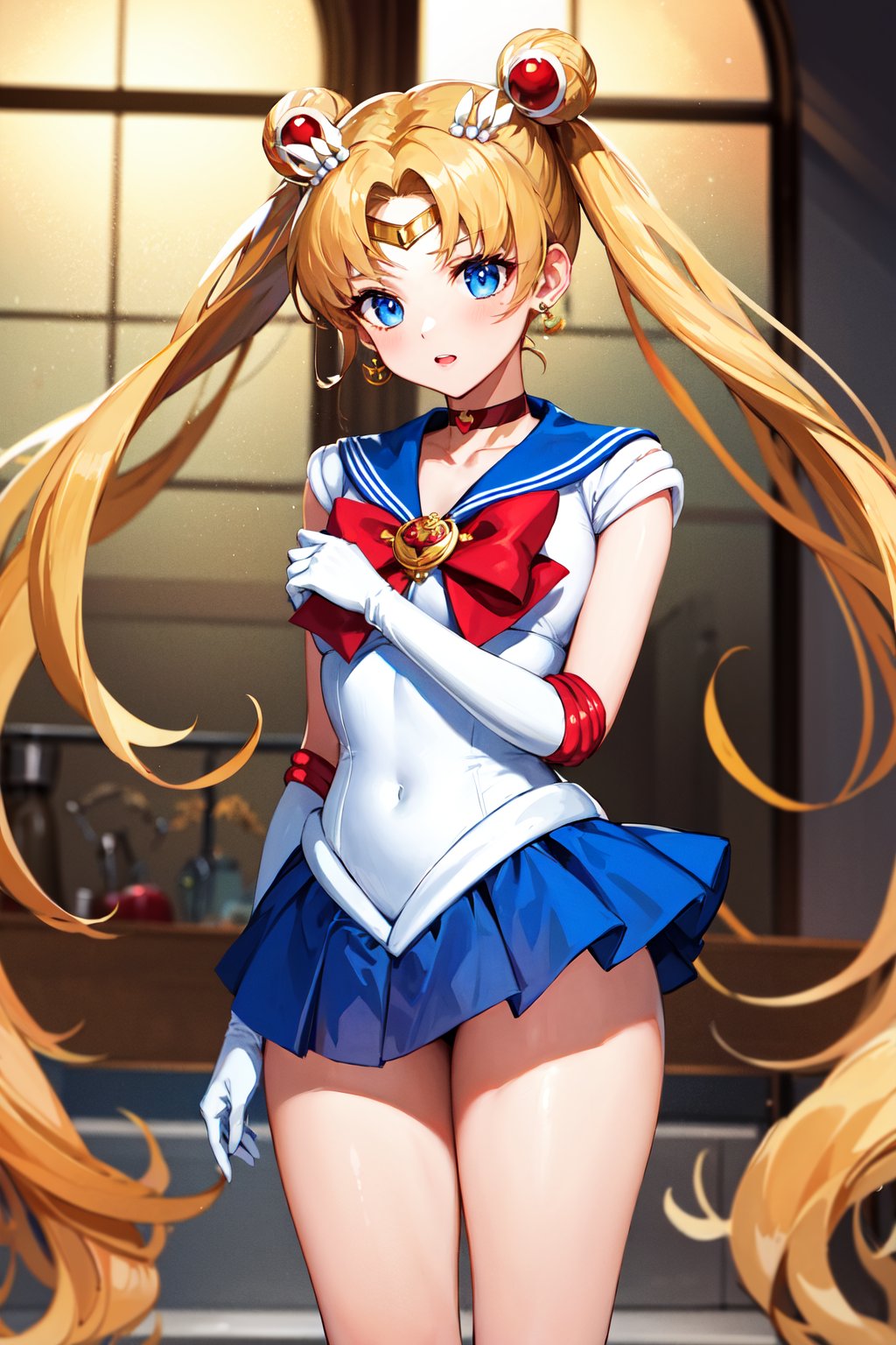 masterpiece, best quality, highres, 1girl, aausagi, double bun, twintails, parted bangs, hair ornament, circlet, jewelry, earrings, choker, red bow, white gloves, elbow gloves, blue skirt, <lora:sailor_moon_v1:0.7>, cowboy shot, standing