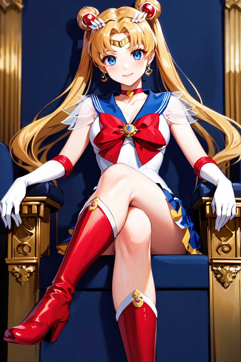 masterpiece, best quality, highres, 1girl, aausagi, double bun, twintails, parted bangs, hair ornament, circlet, jewelry, earrings, choker, see-through, red bow, white gloves, elbow gloves, multicolored skirt, <lora:sailor_moon_v1:0.7>, sitting, throne, crossed legs, smile, red footwear, knee boots,