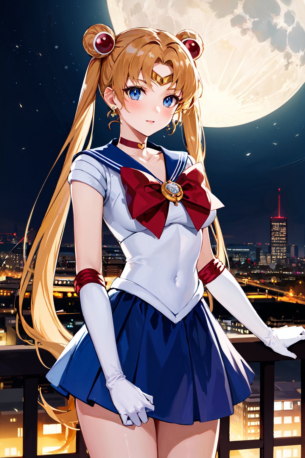 masterpiece, best quality, highres, 1girl, aausagi, double bun, twintails, parted bangs, circlet, jewelry, earrings, choker, red bow, white gloves, elbow gloves, blue skirt, <lora:sailor_moon_v1:0.7>, standing, cowboy shot, night, outdoors, moon, city,