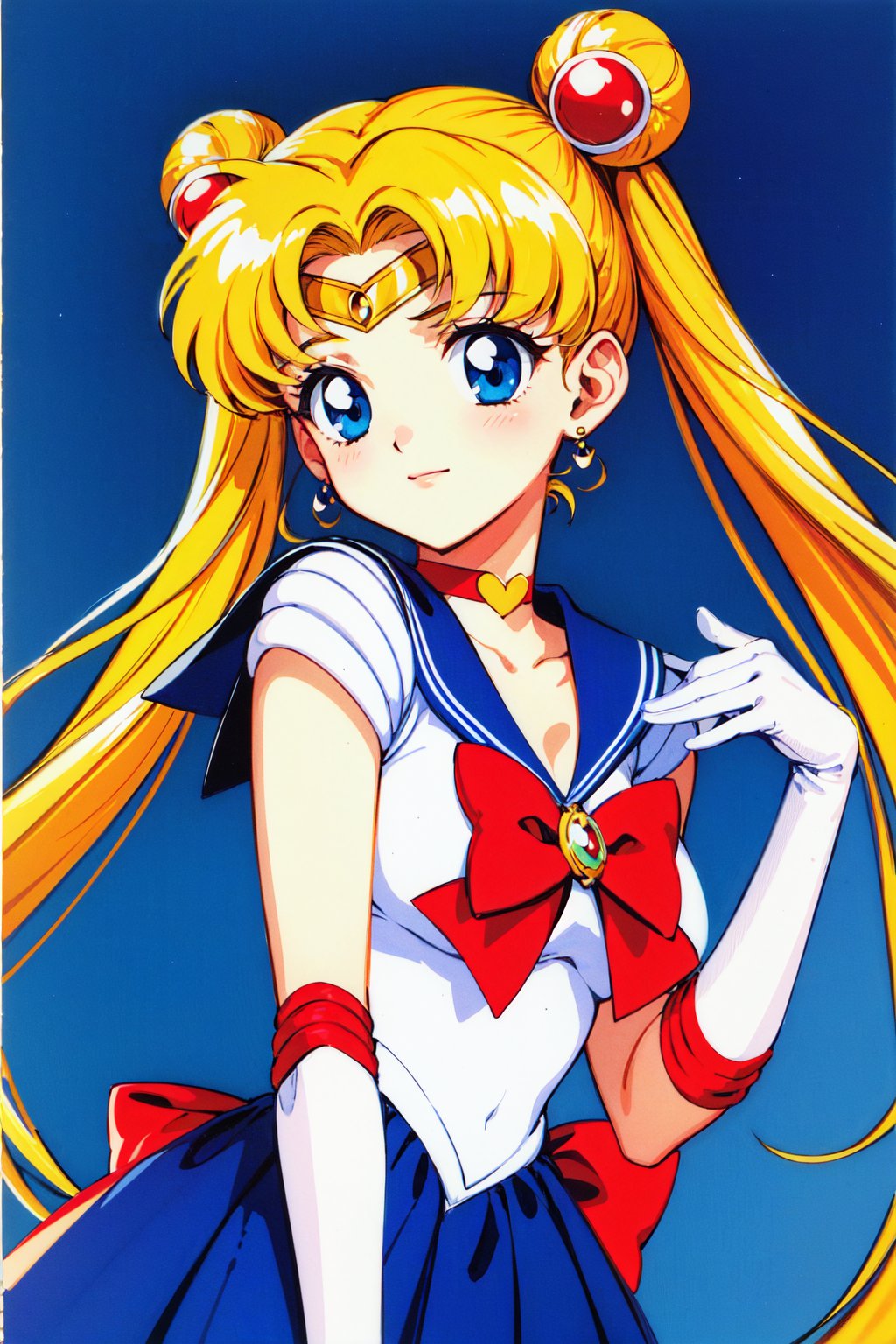 masterpiece, best quality, highres, 1girl, aausagi, double bun, twintails, parted bangs, circlet, jewelry, earrings, choker, red bow, white gloves, elbow gloves, blue skirt, <lora:sailor_moon_v1:0.7>, (1990s \(style\):1.1), 