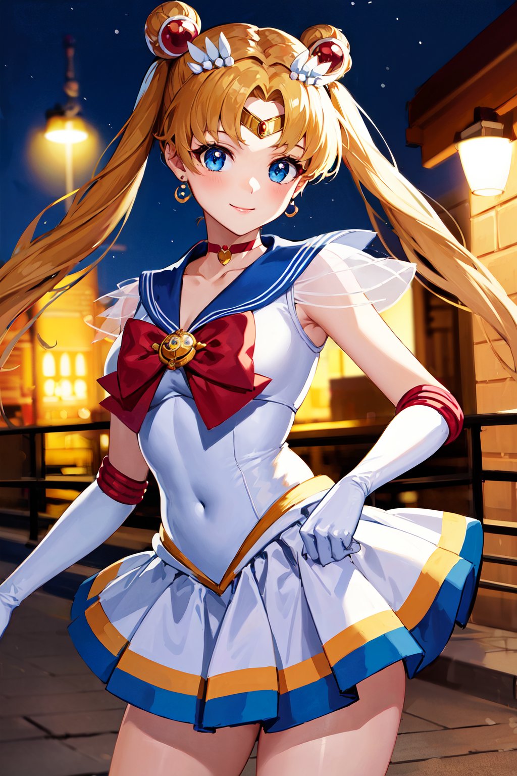 masterpiece, best quality, highres, 1girl, aausagi, double bun, twintails, parted bangs, hair ornament, circlet, jewelry, earrings, choker, see-through, red bow, white gloves, elbow gloves, multicolored skirt, <lora:sailor_moon_v1:0.7>, standing, night, smile, cowboy shot