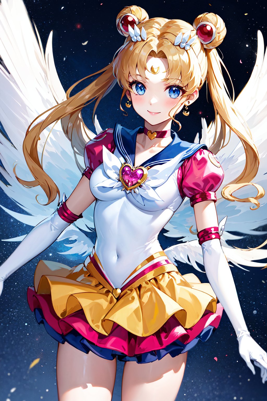 masterpiece, best quality, highres, 1girl, aausagi, double bun, twintails, parted bangs, hair ornament, crescent facial mark, jewelry, earrings, choker, puffy short sleeves, pink sleeves, heart brooch, white gloves, elbow gloves, layered skirt, wings, <lora:sailor_moon_v1:0.7>, sky, fly, cowboy shot, smile