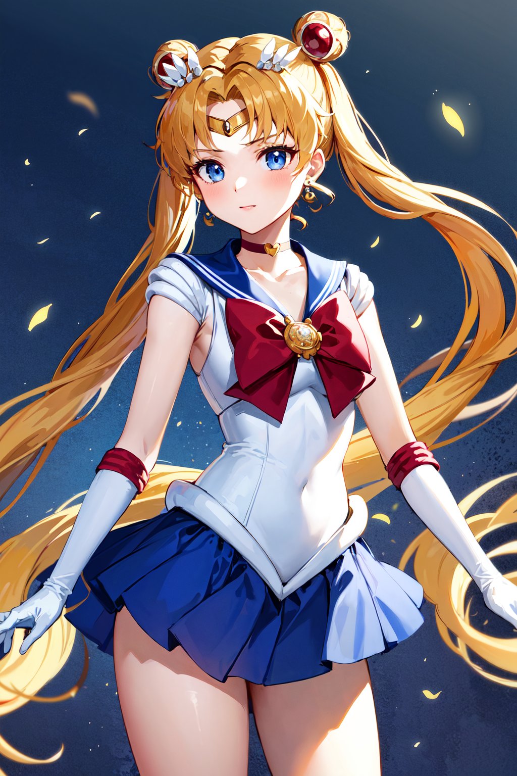 masterpiece, best quality, highres, 1girl, aausagi, double bun, twintails, parted bangs, hair ornament, circlet, jewelry, earrings, choker, red bow, white gloves, elbow gloves, blue skirt, <lora:sailor_moon_v1:0.7>, cowboy shot, standing