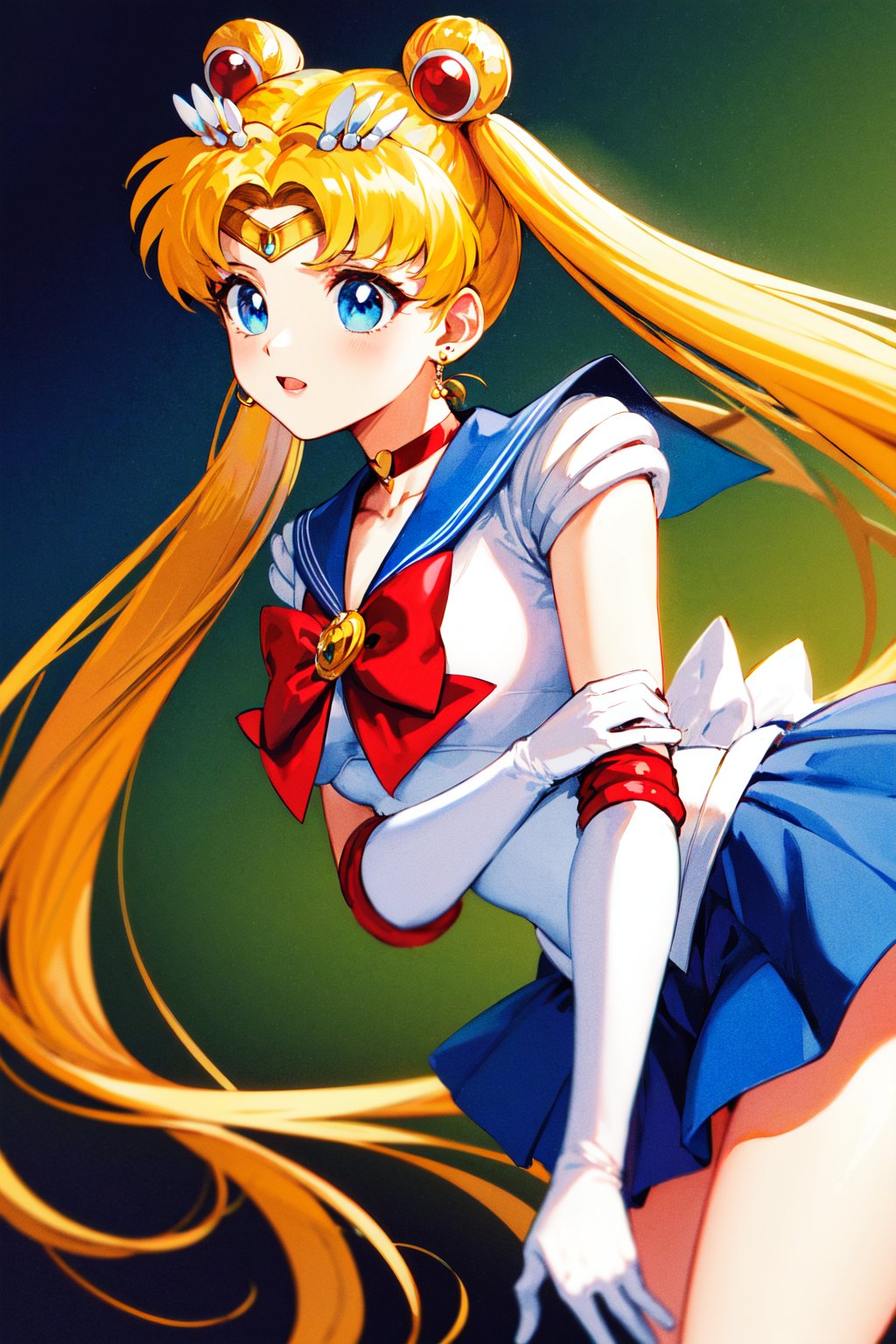 masterpiece, best quality, highres, 1girl, aausagi, double bun, twintails, parted bangs, hair ornament, circlet, jewelry, earrings, choker, red bow, white gloves, elbow gloves, blue skirt, <lora:sailor_moon_v1:0.7>,  (1990s \(style\):1.1),