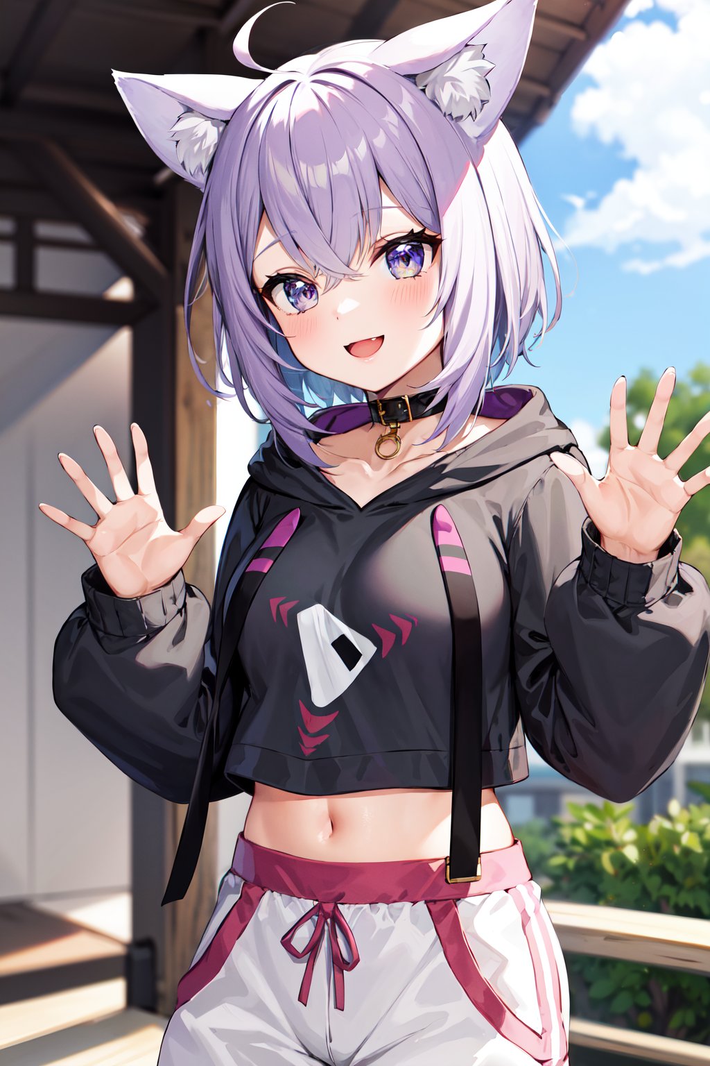 masterpiece, best quality, highres, aaokayu, short hair, ahoge, animal ears, cat tail, animal collar, black collar, collarbone, print hoodie, black hoodie, long sleeves, midriff, white pants, <lora:nekomata_okayu_v1:0.8>, smile, waving, outdoors, cowboy shot