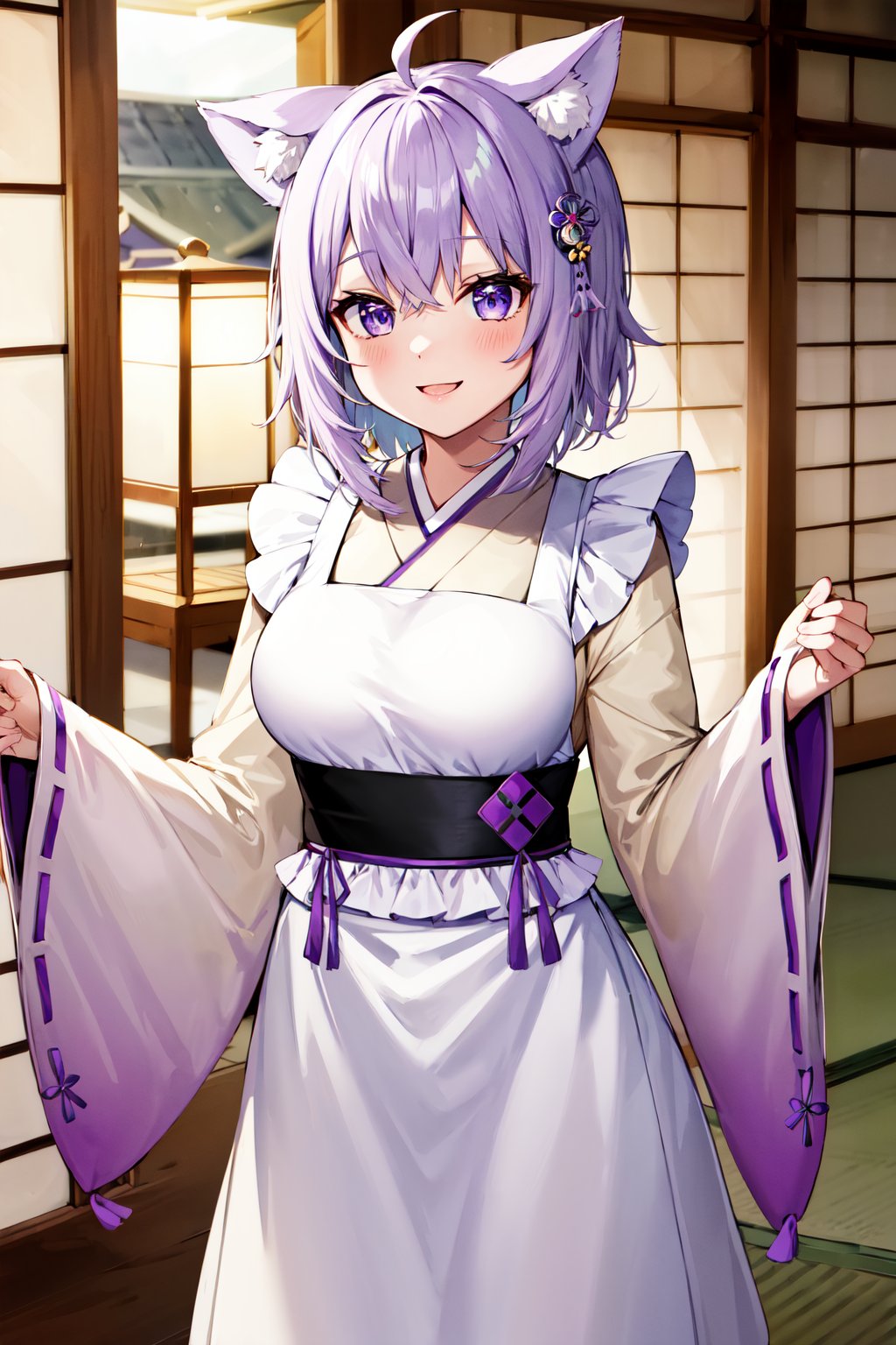 masterpiece, best quality, highres, aaokayu, short hair, ahoge, animal ears, hair ornament, cat tail, ribbon trim, japanese clothes, white kimono, white apron, frilled apron, sash, obi, purple skirt, <lora:nekomata_okayu_v1:0.8>, cowboy shot, standing, smile,