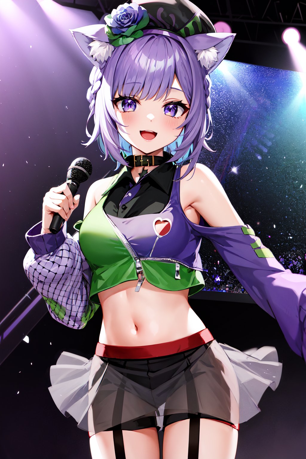 masterpiece, best quality, highres, aaokayu, short hair, ahoge, braid, (animal ears:1.1), black headwear, cat tail, collar, crop top, shoulder cutout, midriff, see-through skirt, shorts under skirt, garter straps, asymmetrical legwear, <lora:nekomata_okayu_v1:0.8>, cowboy shot, standing, smile, open mouth, stage, holding microphone, 