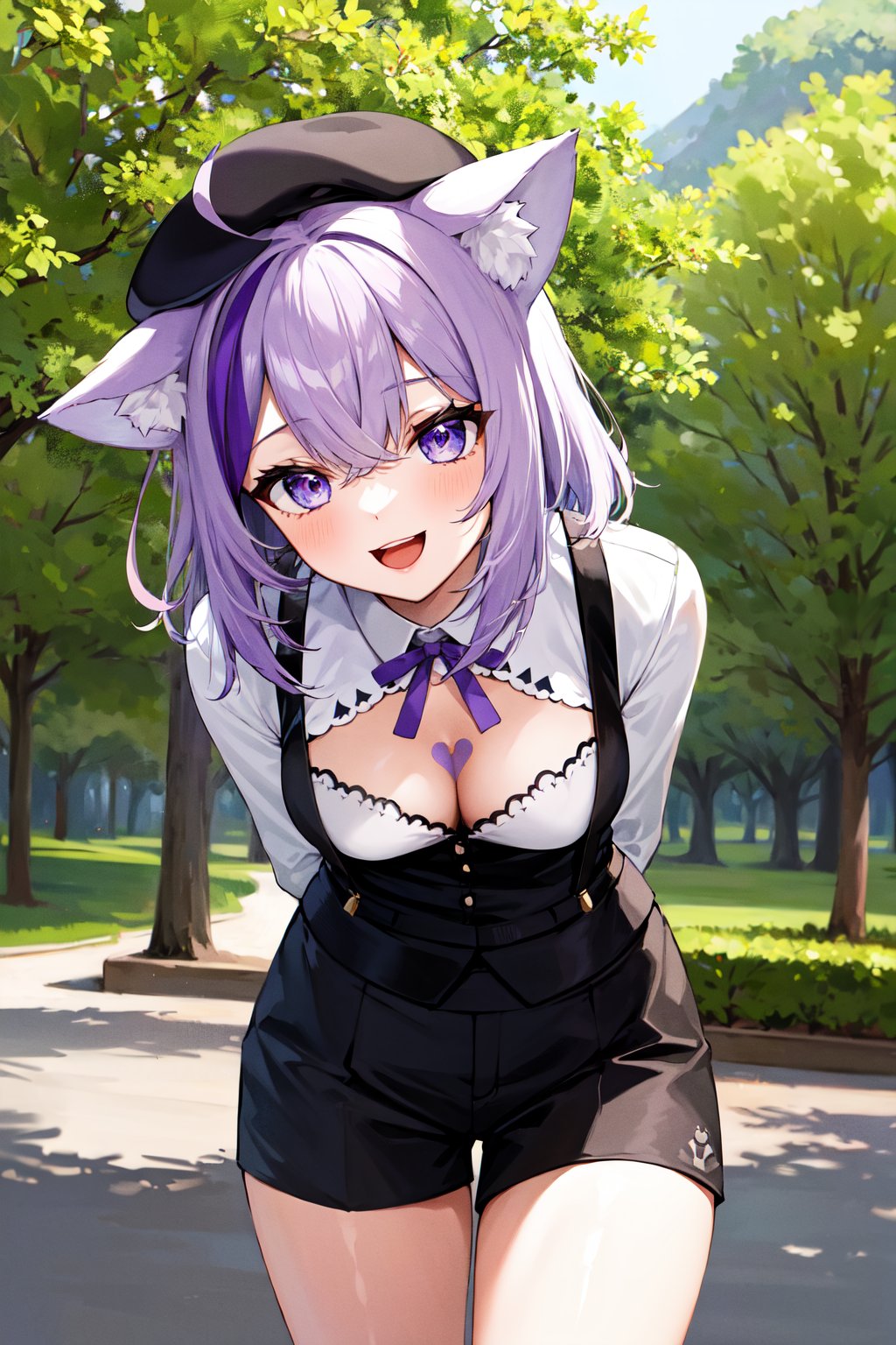 masterpiece, best quality, highres, aaokayu, medium hair, multicolored hair, streaked hair, animal ears, beret, cat tail, purple ribbon, breast tattoo, cleavage cutout, white shirt, suspender shorts, black shorts, <lora:nekomata_okayu_v1:0.8>, arms behind back, smile, open mouth, outdoors, park, standing, leaning forward, 