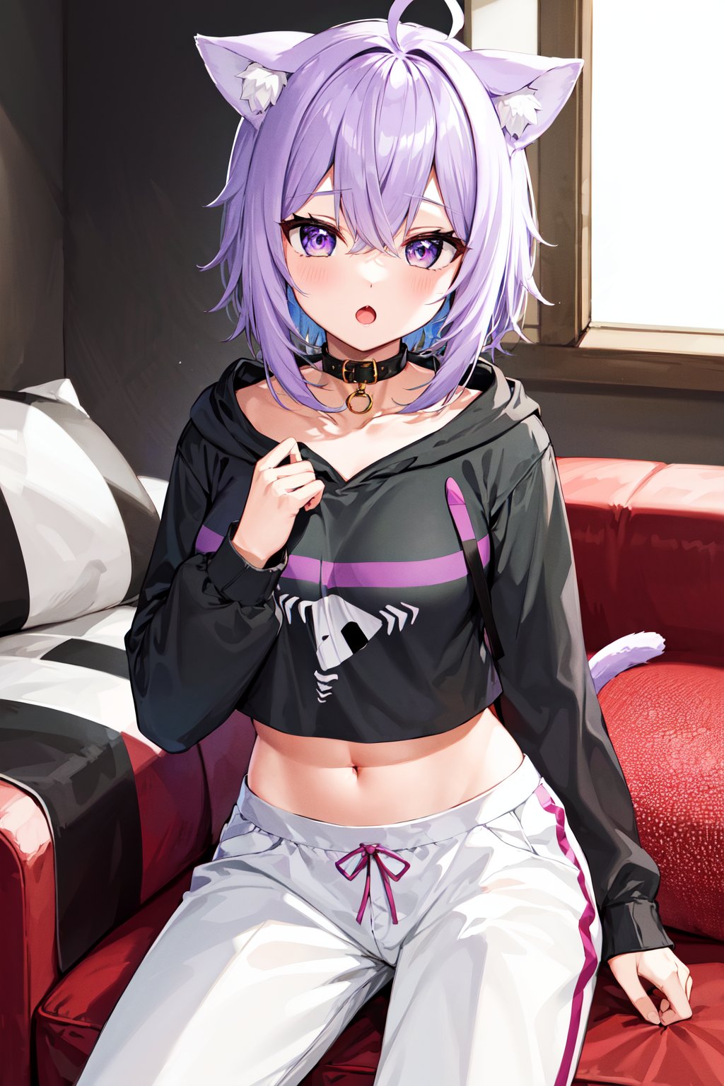 masterpiece, best quality, highres, aaokayu, short hair, ahoge, animal ears, cat tail, animal collar, black collar, collarbone, print hoodie, black hoodie, long sleeves, midriff, white pants, <lora:nekomata_okayu_v1:0.8>, sofa, sitting, :o, living room,