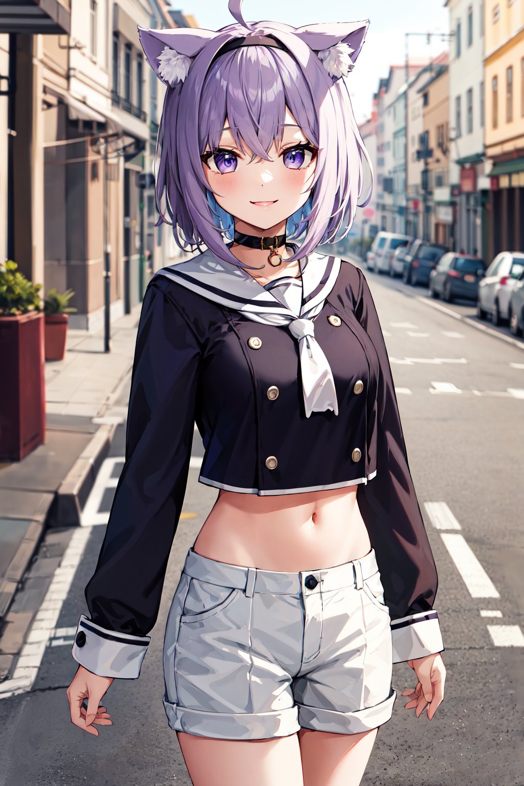 masterpiece, best quality, highres, aaokayu, short hair, purple hair, ahoge, black hairband, animal ears, cat tail, sailor collar, neckerchief, black shirt, midriff, button, white shorts, <lora:nekomata_okayu_v1:0.8>, cowboy shot, standing, smile, street