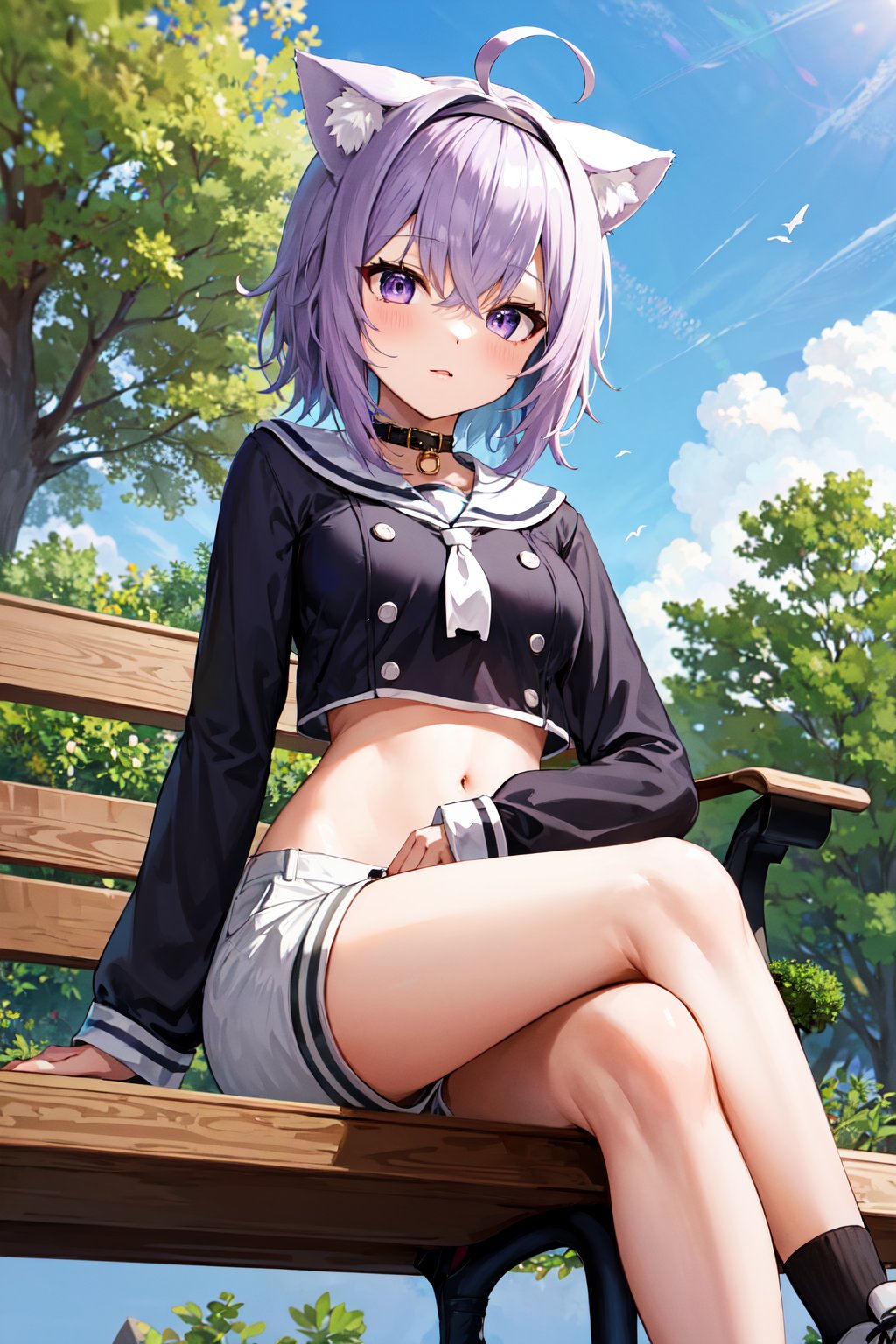 masterpiece, best quality, highres, aaokayu, short hair, purple hair, ahoge, black hairband, animal ears, cat tail, sailor collar, neckerchief, black shirt, midriff, button, white shorts, <lora:nekomata_okayu_v1:0.8>, sitting, outdoors, bench, black socks, shoes, crossed legs,