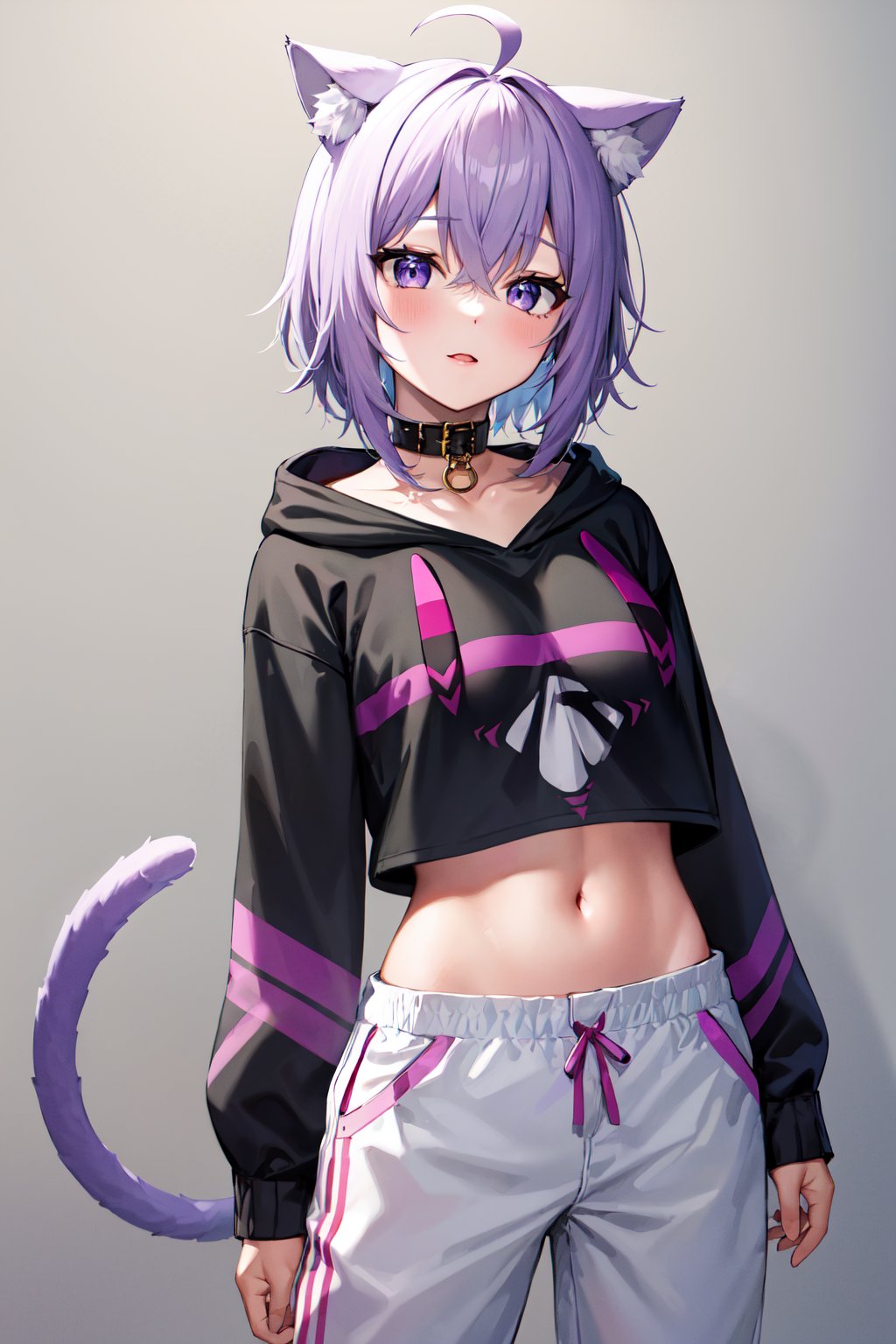 masterpiece, best quality, highres, aaokayu, short hair, ahoge, animal ears, cat tail, animal collar, black collar, collarbone, print hoodie, black hoodie, long sleeves, midriff, white pants, <lora:nekomata_okayu_v1:0.8>, cowboy shot, standing,