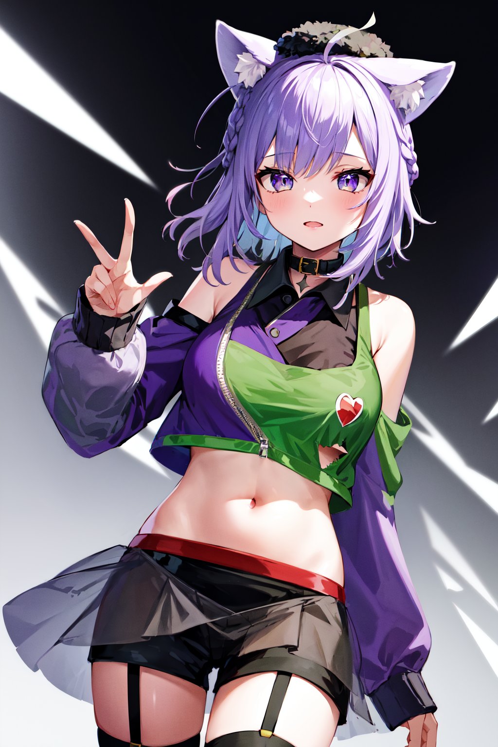 masterpiece, best quality, highres, aaokayu, short hair, ahoge, braid, (animal ears:1.2), black headwear, cat tail, collar, crop top, shoulder cutout, midriff, see-through skirt, shorts under skirt, garter straps, asymmetrical legwear, <lora:nekomata_okayu_v1:0.8>