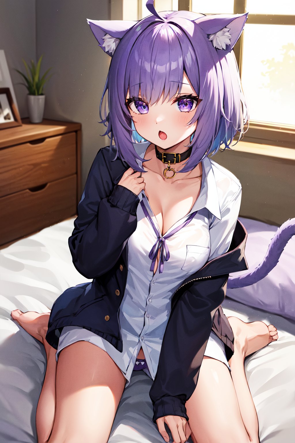 masterpiece, best quality, highres, aaokayu, short hair, ahoge, animal ears, cat tail, black collar, neck ribbon, purple ribbon, collarbone, cleavage, dress shirt, collared shirt, button gap, black jacket, open clothes, <lora:nekomata_okayu_v1:0.8>, wariza, room, bed, pantyshot, :o, bow panties, off shoulder, 