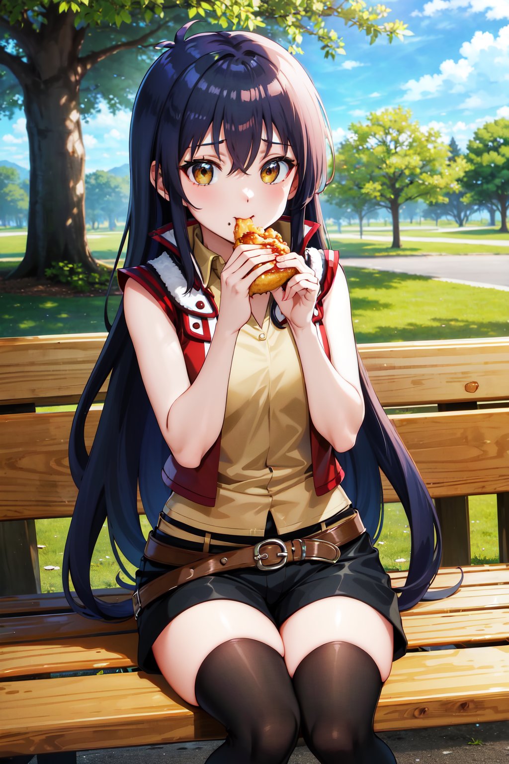 masterpiece, best quality, highres, hmrei, long hair, red jacket, collared shirt, yellow shirt, sleeveless, belt, black shorts, black thighhighs, <lora:saotome_rei_v1:0.7>, sitting, park bench, eating, food, 