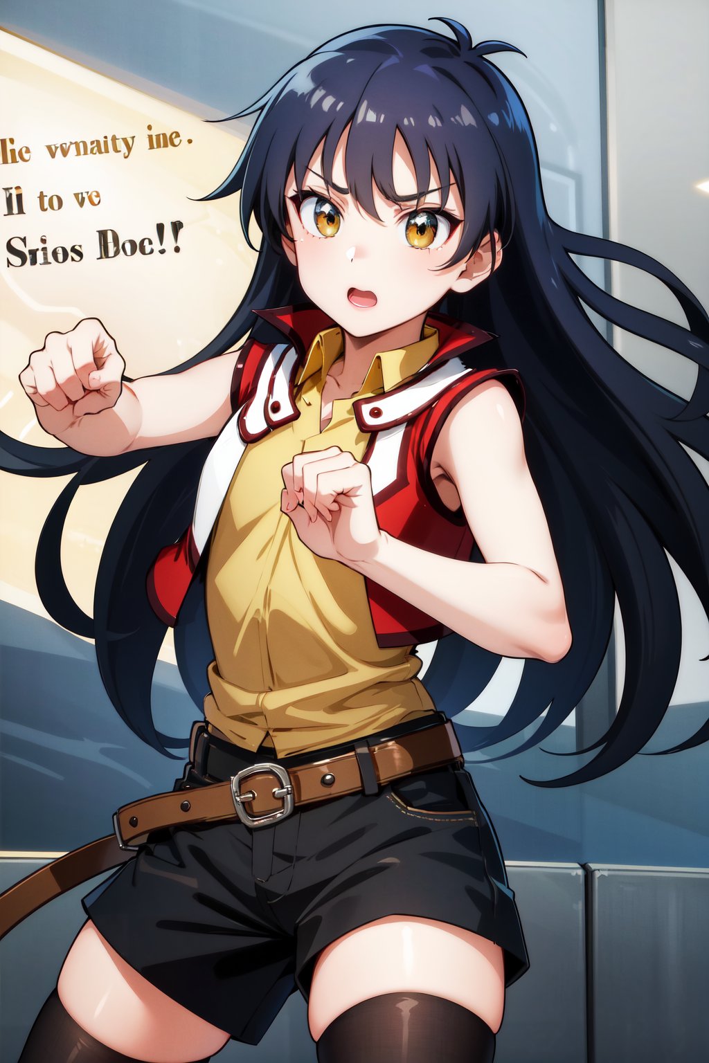 masterpiece, best quality, highres, hmrei, long hair, red jacket, collared shirt, yellow shirt, sleeveless, belt, black shorts, black thighhighs, <lora:saotome_rei_v1:0.7>, fighting stance, cowboy shot, english text, 