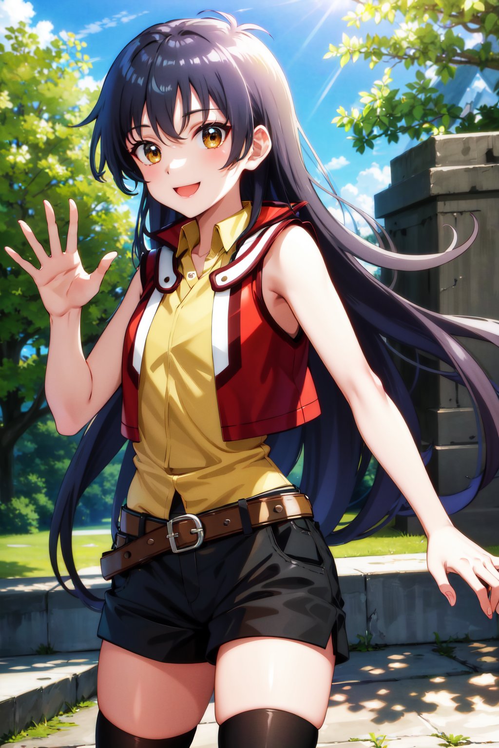 masterpiece, best quality, highres, hmrei, long hair, red jacket, collared shirt, yellow shirt, sleeveless, belt, black shorts, black thighhighs, <lora:saotome_rei_v1:0.7>, cowboy shot, standing, outdoors, waving, smile, waving