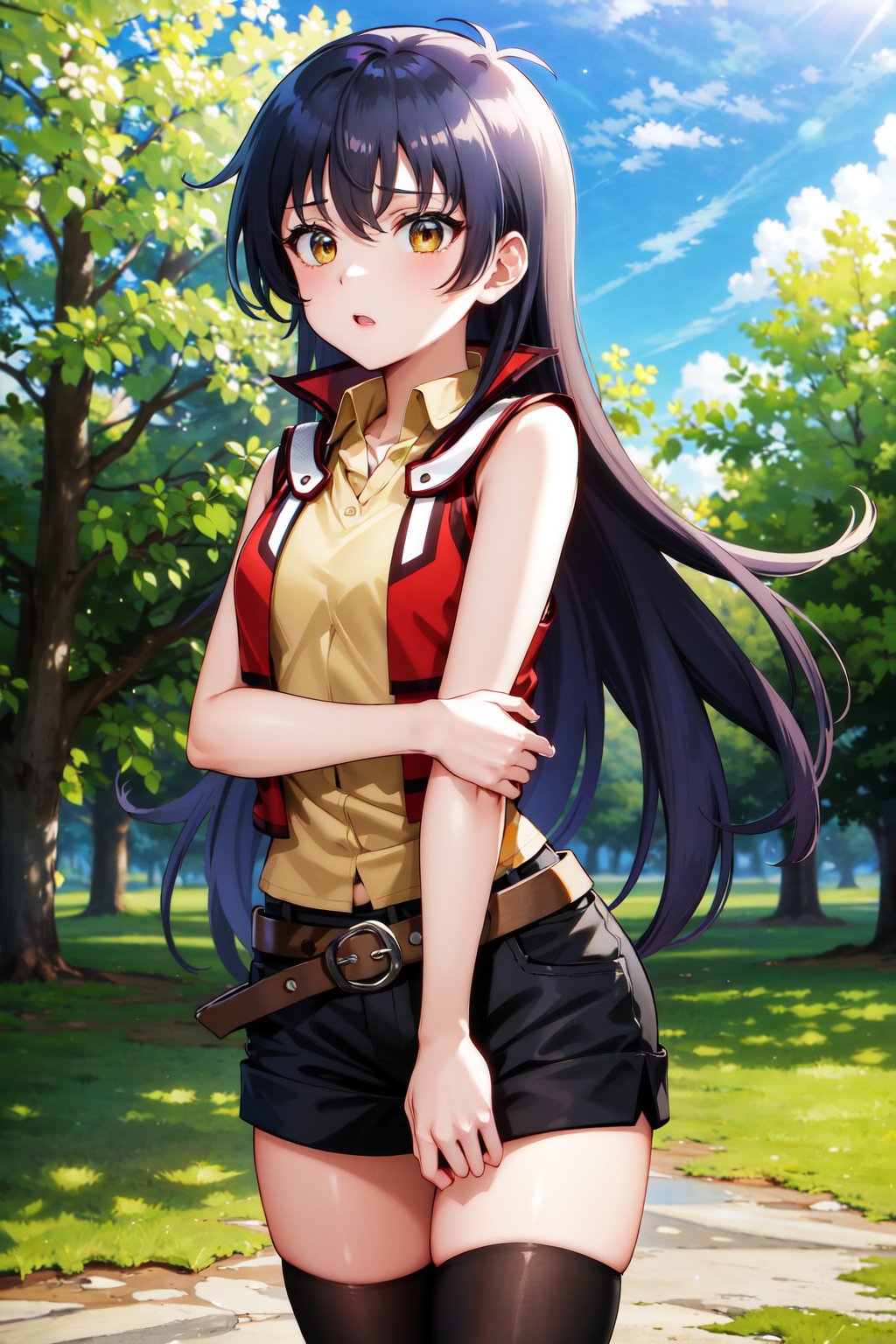 masterpiece, best quality, highres, hmrei, long hair, red jacket, collared shirt, yellow shirt, sleeveless, belt, black shorts, black thighhighs, <lora:saotome_rei_v1:0.7>, cowboy shot, standing, outdoors, arms at sides, straight-on, 