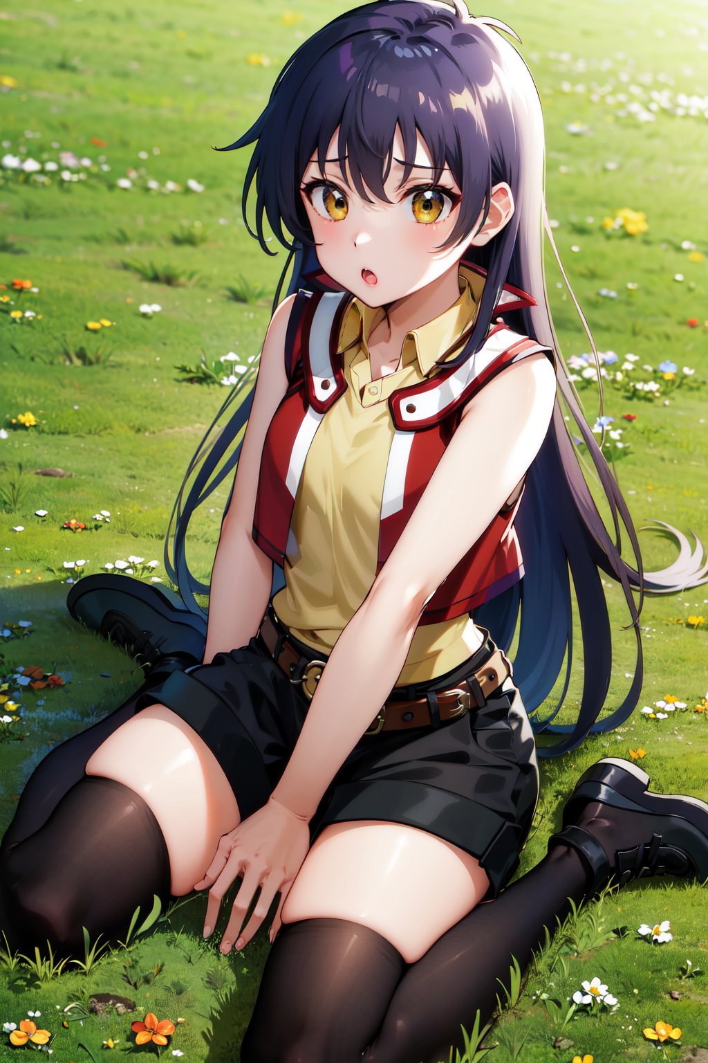 masterpiece, best quality, highres, hmrei, long hair, red jacket, collared shirt, yellow shirt, sleeveless, belt, black shorts, black thighhighs, <lora:saotome_rei_v1:0.7>, wariza, :o, grass