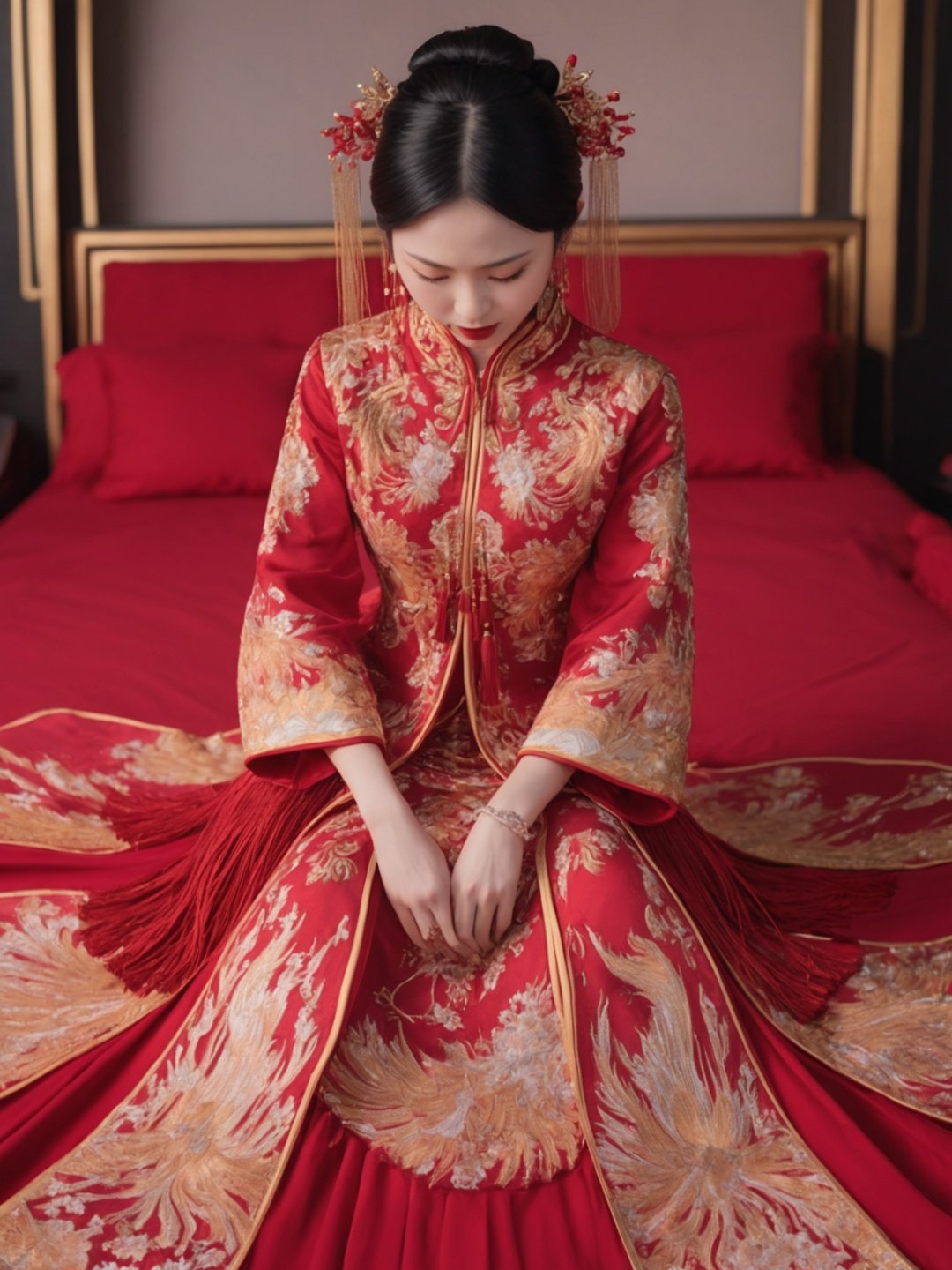 best quality,highly detailed,<lora:xiuhe2-000006:0.5>,a woman in a red and gold clothes, phoenix coronet,(sitting on red bed),blush,shy,black_hair, looking down, earrings, indoors, jewelry, long_sleeves, red lips, tassel, Red quilt,(red palace:1.2), <lora:zgirlxl8-000020:0.3>zgirl,