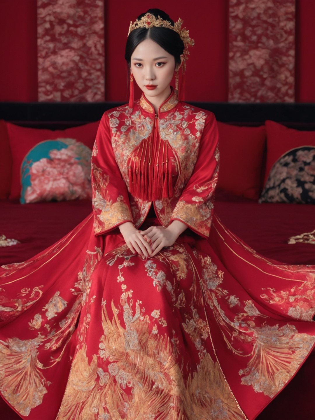 best quality,highly detailed,<lora:xiuhe2-000006:0.5>,a woman in a red and gold clothes, phoenix coronet,(sitting on red bed),blush,shy,black_hair, looking down, earrings, indoors, jewelry, long_sleeves, red lips, tassel, Red quilt,(red palace:1.2), <lora:zgirlxl8-000020:0.3>zgirl,