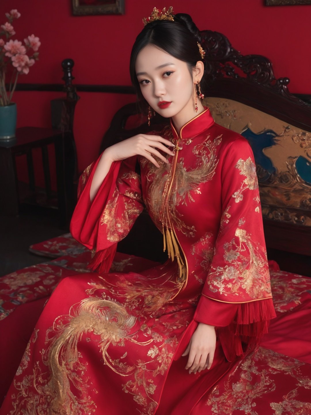 best quality,highly detailed,<lora:xiuhe2-000006:0.5>,a woman in a red and gold clothes, phoenix coronet,(sitting on red bed),blush,shy,black_hair, looking down, earrings, indoors, jewelry, long_sleeves, red lips, tassel, Red quilt,(red palace:1.2), <lora:zgirlxl8-000020:0.5>zgirl,