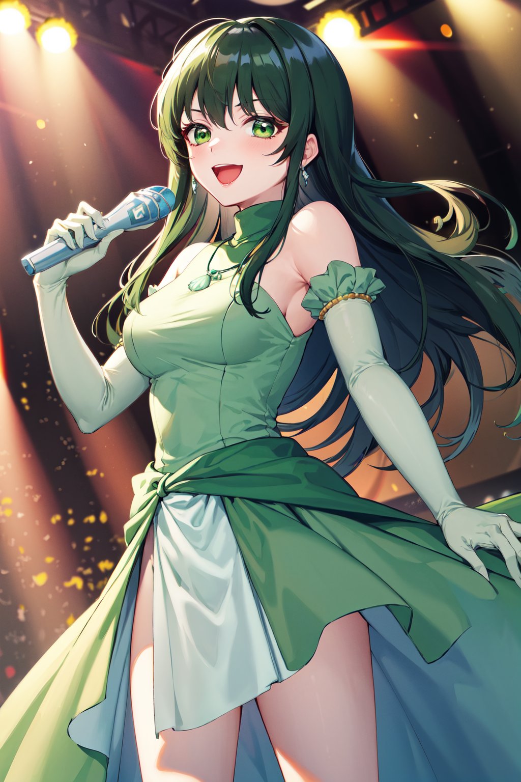 masterpiece, best quality, highres, dark green hair, green eyes, jewelry, necklace, bare shoulders, turtleneck, green dress, elbow gloves, green gloves, <lora:touin_rina_v1:0.7>, cowboy shot, standing. stage. holding microphone, smile, open mouth,