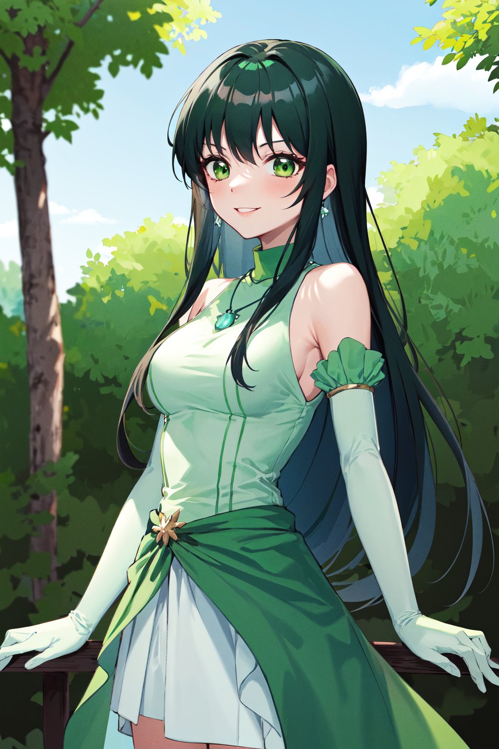 masterpiece, best quality, highres, dark green hair, green eyes, jewelry, necklace, bare shoulders, turtleneck, green dress, elbow gloves, green gloves, <lora:touin_rina_v1:0.7>, cowboy shot, standing, outdoors, smile, arms at sides,