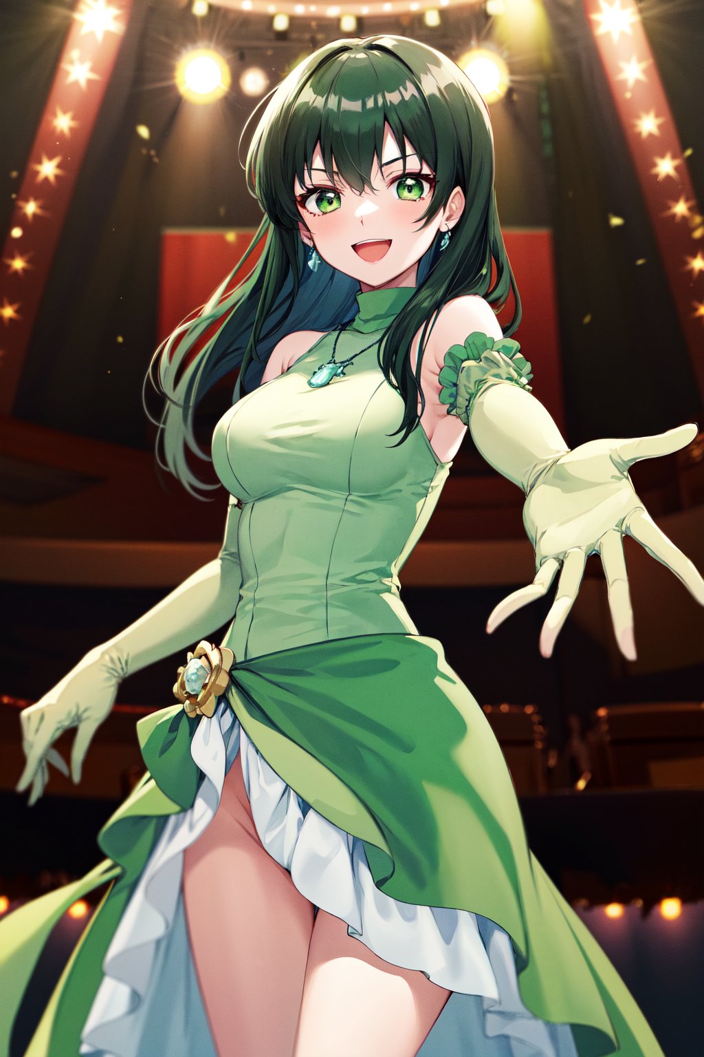 masterpiece, best quality, highres, dark green hair, green eyes, jewelry, necklace, bare shoulders, turtleneck, green dress, elbow gloves, green gloves, <lora:touin_rina_v1:0.7>,  cowboy shot, standing, stage, open mouth, smile, reaching out, outstretched arms,