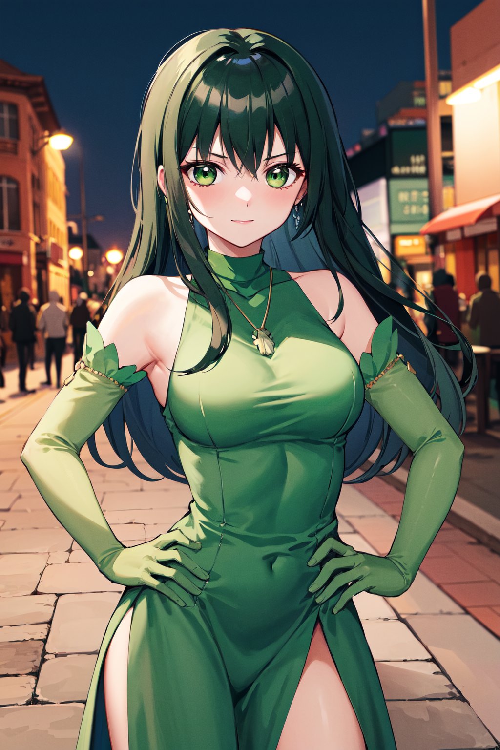 masterpiece, best quality, highres, dark green hair, green eyes, jewelry, necklace, bare shoulders, turtleneck, green dress, elbow gloves, green gloves, <lora:touin_rina_v1:0.7>, hand on hip, night, street,