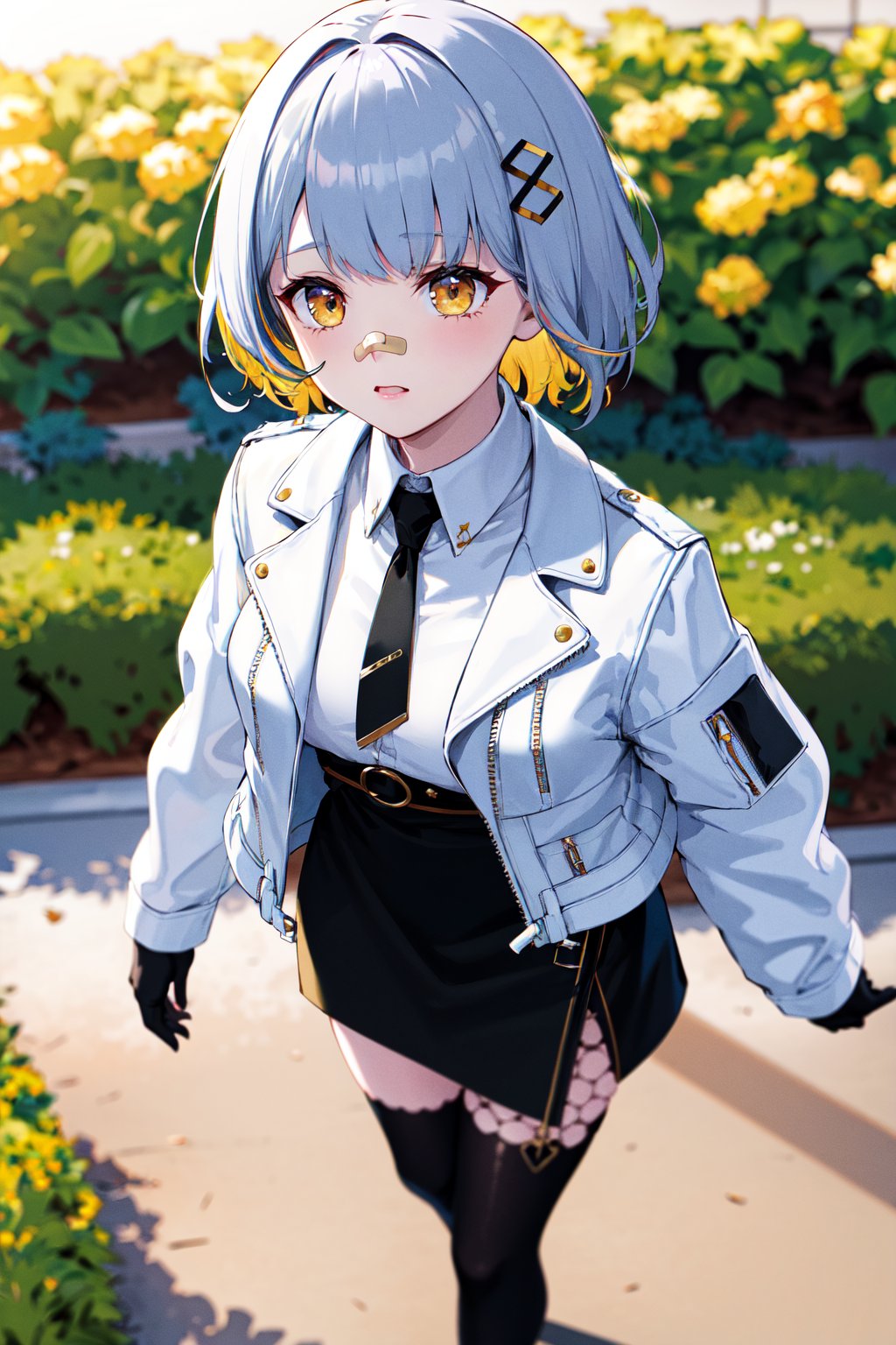 masterpiece, best quality, highres, bbhachi, short hair, multicolored hair, hair ornament, bandaid on nose, white shirt, black necktie, white jacket, open jacket, cropped jacket, long sleeves, black gloves, black skirt, high-waist skirt, belt,  single thighhigh, <lora:hachi_v2:0.7>, garden, night, standing, from above, 