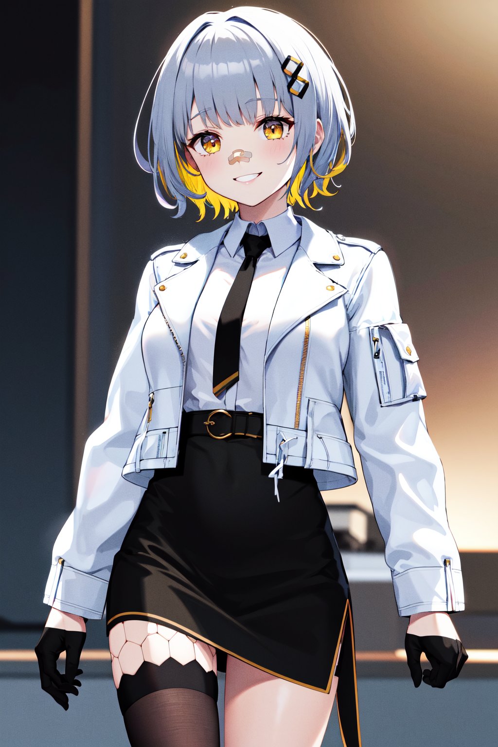 masterpiece, best quality, highres, bbhachi, short hair, multicolored hair, hair ornament, bandaid on nose, white shirt, black necktie, white jacket, open jacket, cropped jacket, long sleeves, black gloves, black skirt, high-waist skirt, belt,  single thighhigh, <lora:hachi_v2:0.7>, standing, cowboy shot, smile,