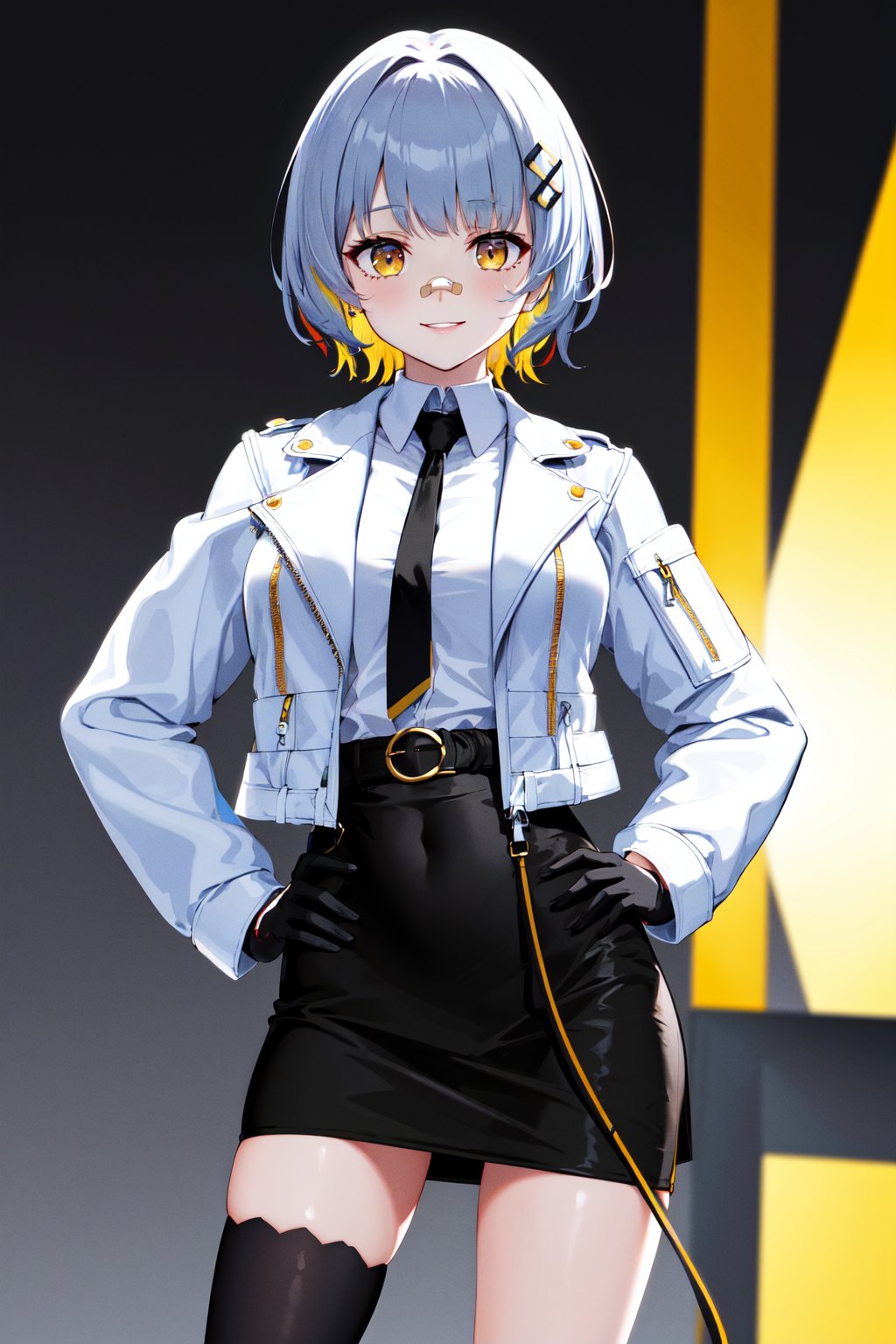 masterpiece, best quality, highres, bbhachi, short hair, multicolored hair, hair ornament, bandaid on nose, white shirt, black necktie, white jacket, open jacket, cropped jacket, long sleeves, black gloves, black skirt, high-waist skirt, belt,  single thighhigh, <lora:hachi_v2:0.7>, hand on hip, smile, 