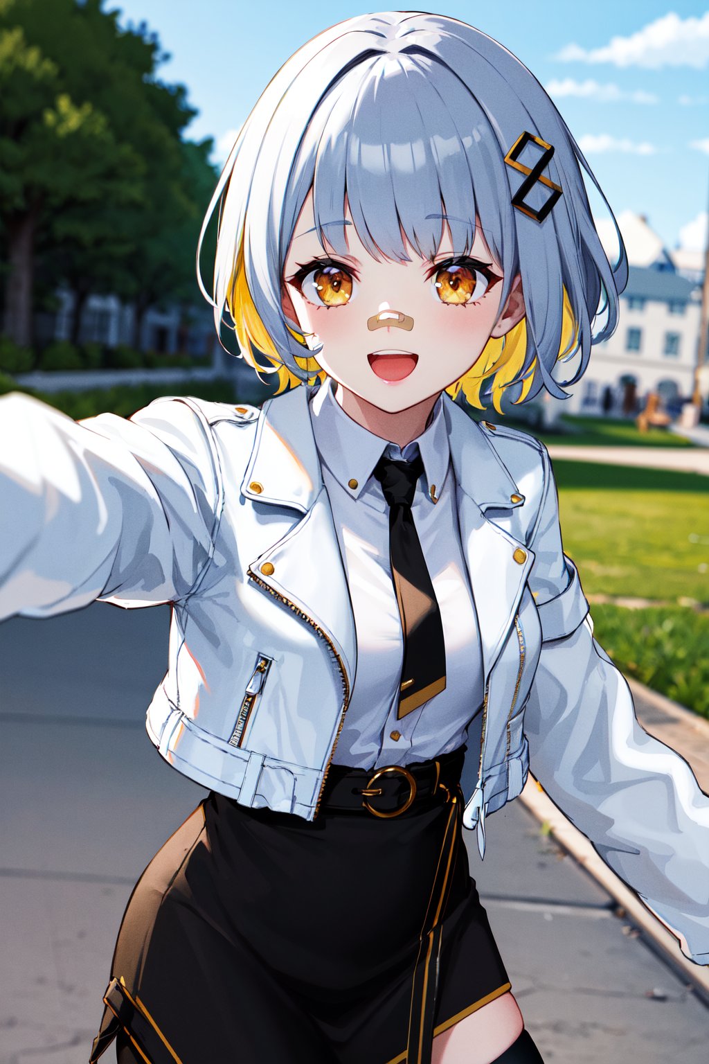 masterpiece, best quality, highres, bbhachi, short hair, multicolored hair, hair ornament, bandaid on nose, white shirt, black necktie, white jacket, open jacket, cropped jacket, long sleeves, black gloves, black skirt, high-waist skirt, belt,  single thighhigh, <lora:hachi_v2:0.7>, reaching out, smile, open mouth, outdoors