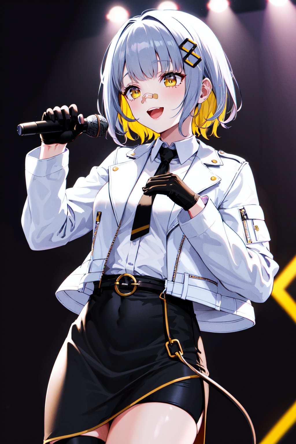 masterpiece, best quality, highres, bbhachi, short hair, multicolored hair, hair ornament, bandaid on nose, white shirt, black necktie, white jacket, open jacket, cropped jacket, long sleeves, black gloves, black skirt, high-waist skirt, belt,  single thighhigh, <lora:hachi_v2:0.7>, standing, cowboy shot, smile, open mouth, stage, holding microphone, 