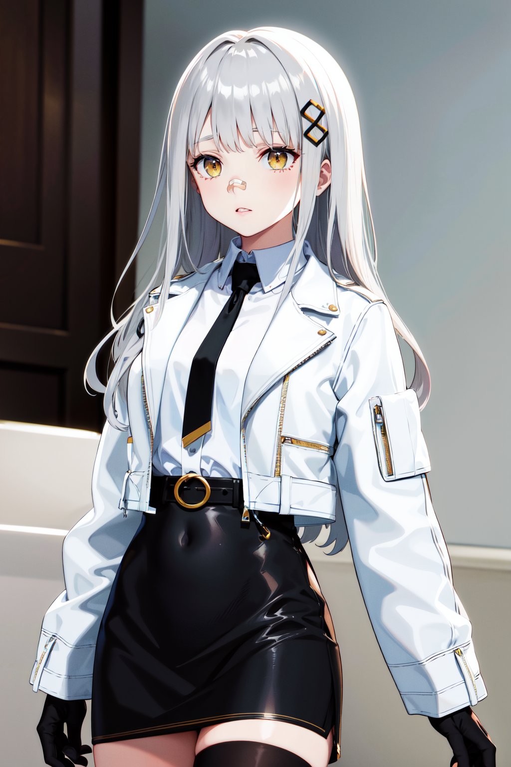 masterpiece, best quality, highres, aahachi, long hair, hair ornament, bandaid on nose, white shirt, black necktie, white jacket, open jacket, cropped jacket, long sleeves, black gloves, black skirt, high-waist skirt, belt,  single thighhigh, <lora:hachi_v2:0.7>, cowboy shot, standing