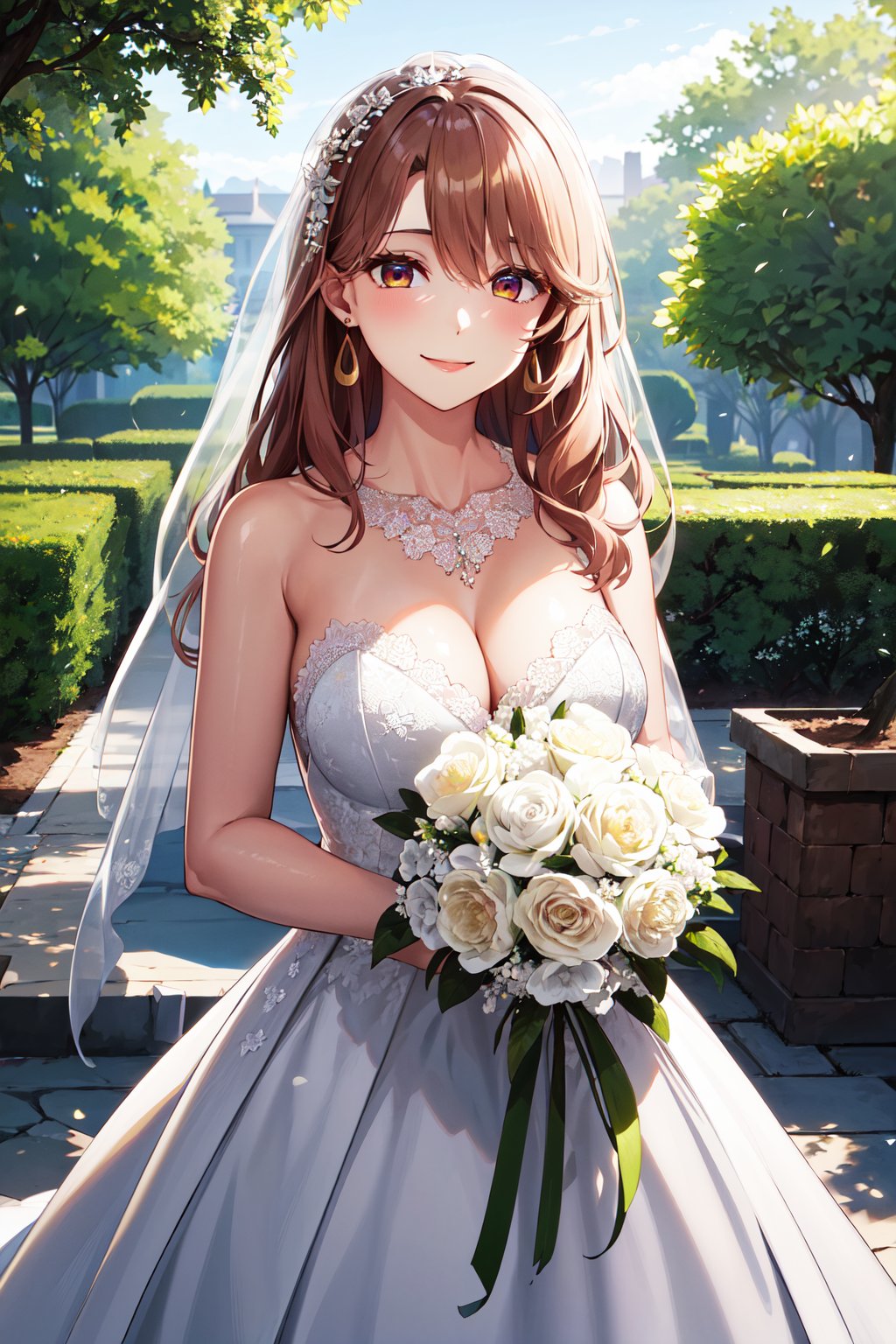 masterpiece, best quality, highres, aamiyako, long hair, jewelry, earrings, <lora:saitou_miyako_v1:0.7>, wedding dress, holding bouquet, garden, smile