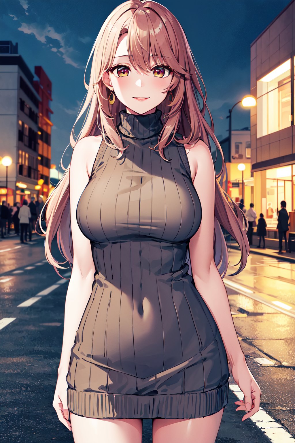 masterpiece, best quality, highres, aamiyako, long hair, jewelry, earrings, <lora:saitou_miyako_v1:0.7>, sweater dress, virgin killer sweater, clothing cutout, turtleneck, sleeveless, night, street, cowboy shot, standing, smile, bare arms, 