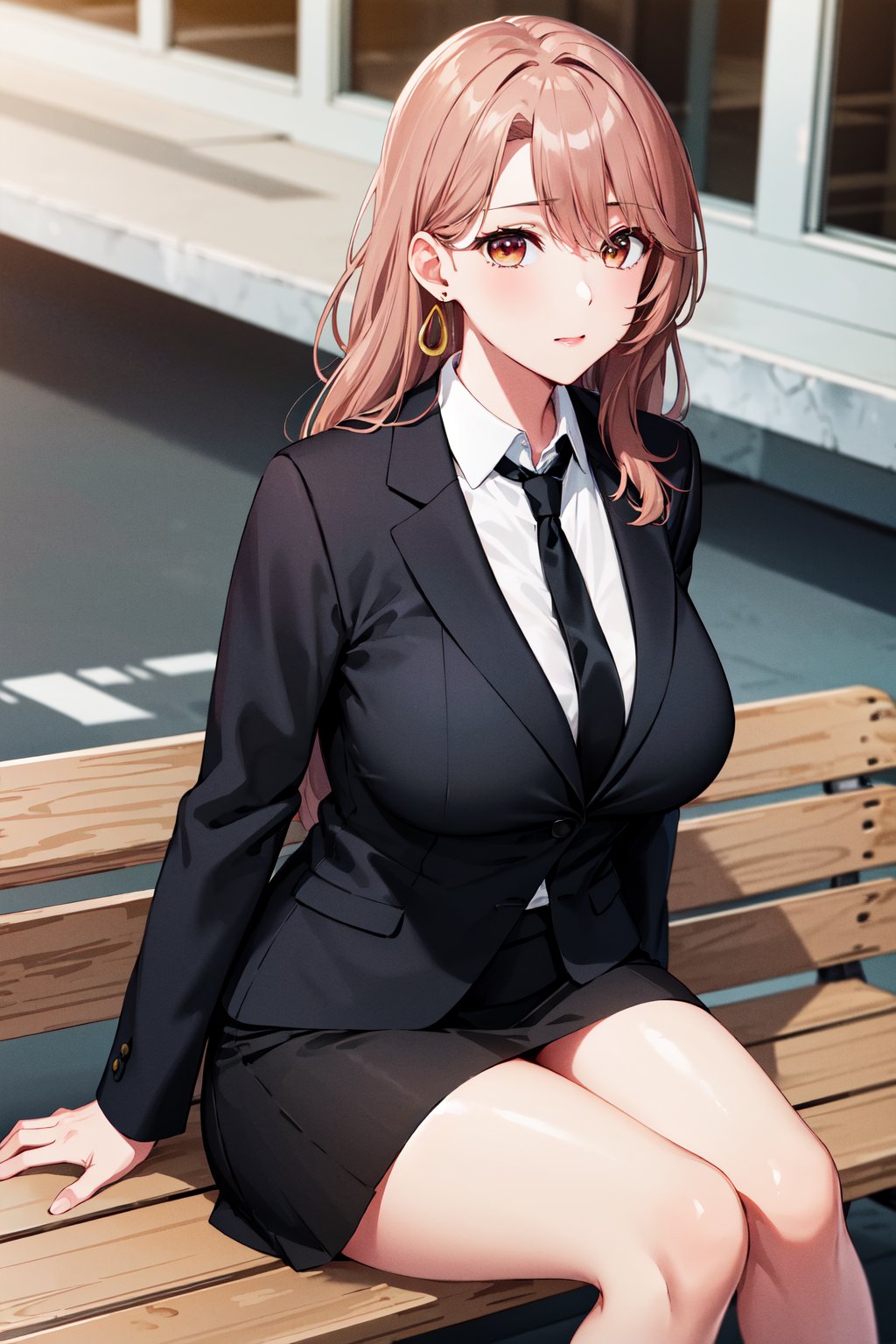 masterpiece, best quality, highres, aamiyako, long hair, jewelry, earrings, <lora:saitou_miyako_v1:0.7>, large breasts, office lady, black skirt, black jacket, necktie, collared shirt, outdoors, sitting, bench